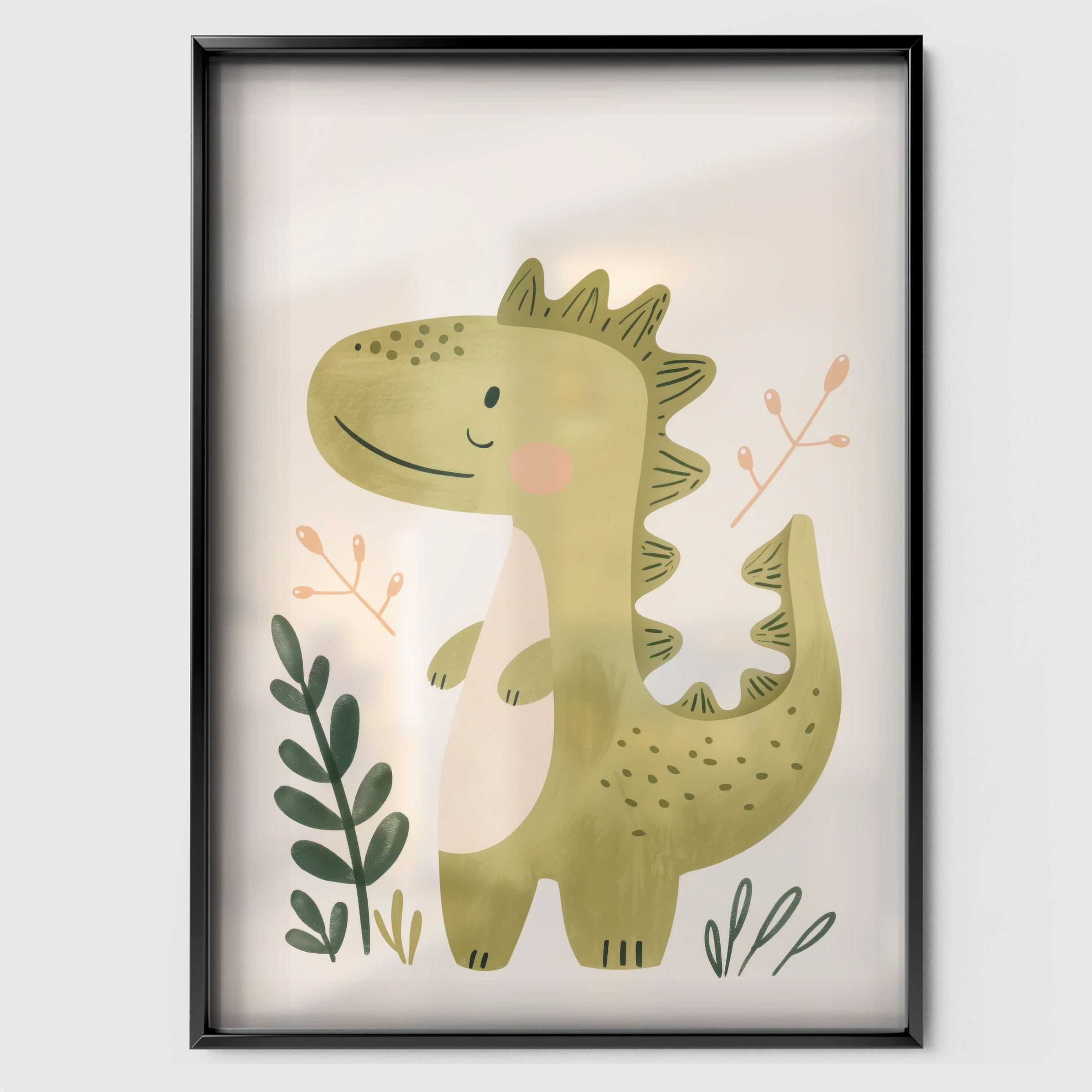 Leafy Green Dragon Nursery Print - black framed nursery wall art print