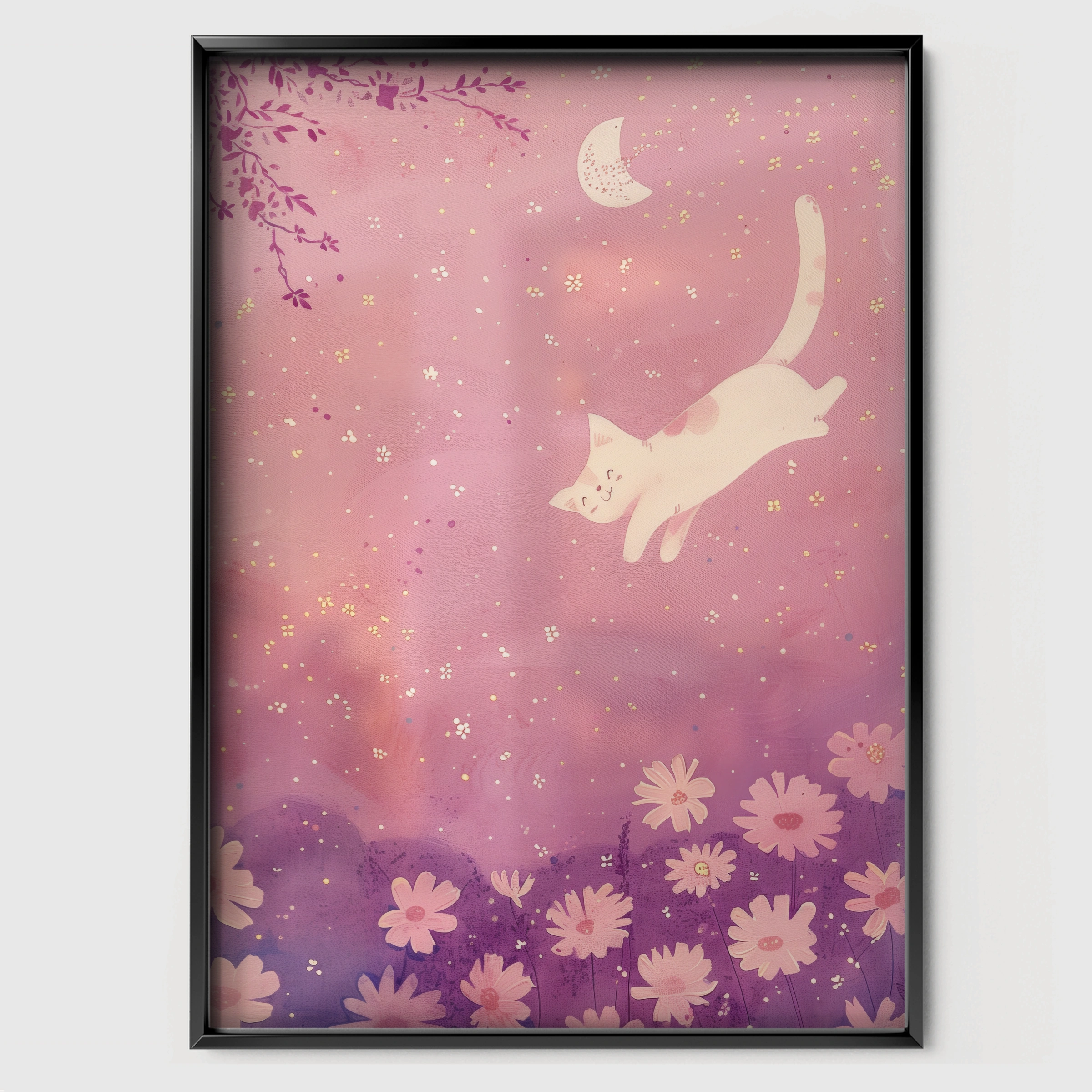 Leaping Cat Nursery Print - black framed nursery wall art print