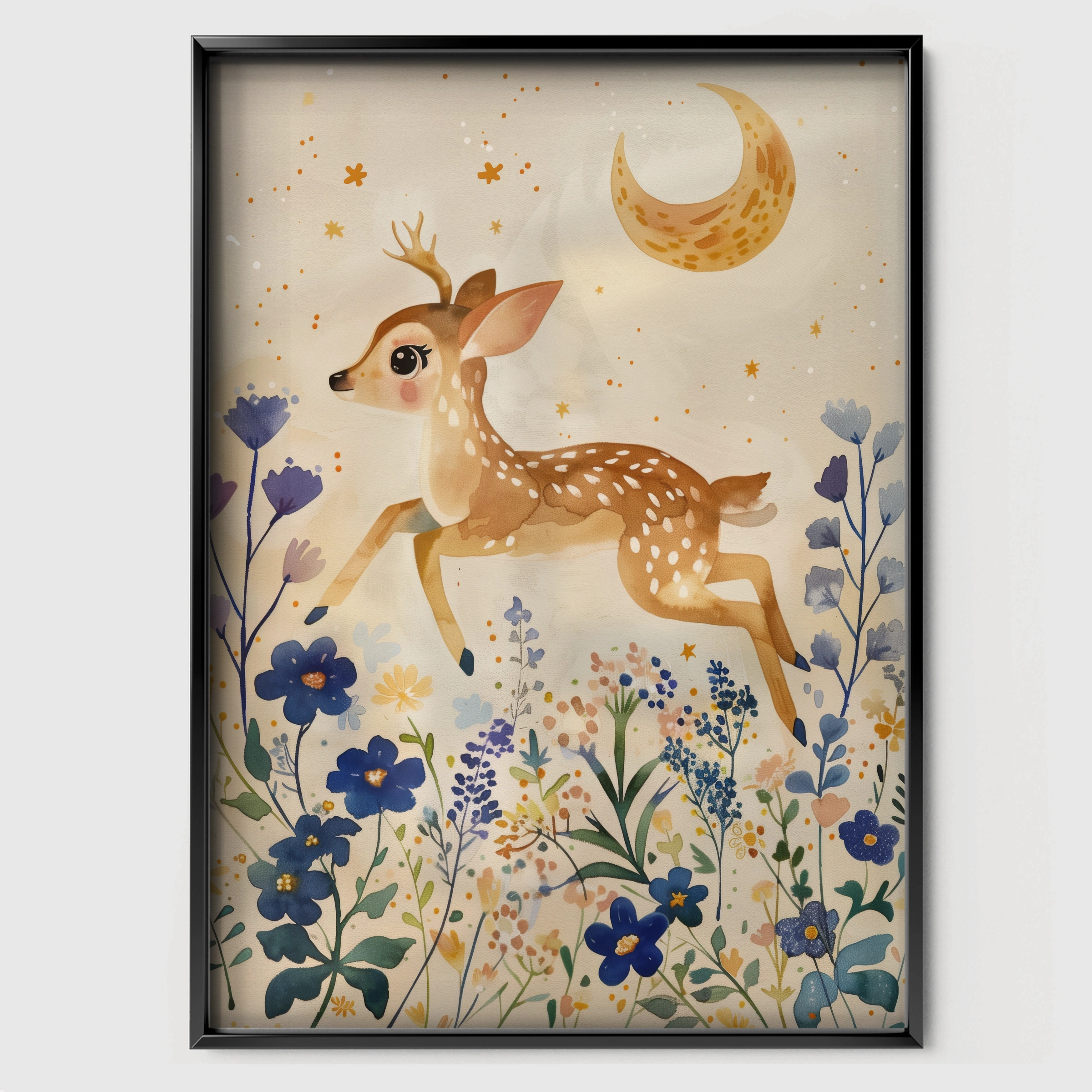 Leaping Fawn Nursery Print - black framed nursery wall art print