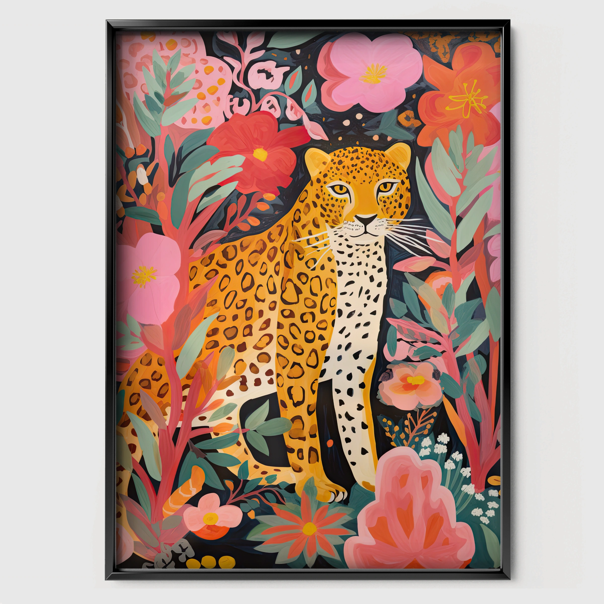 Leopard in Flowers Nursery Print - black framed nursery wall art print