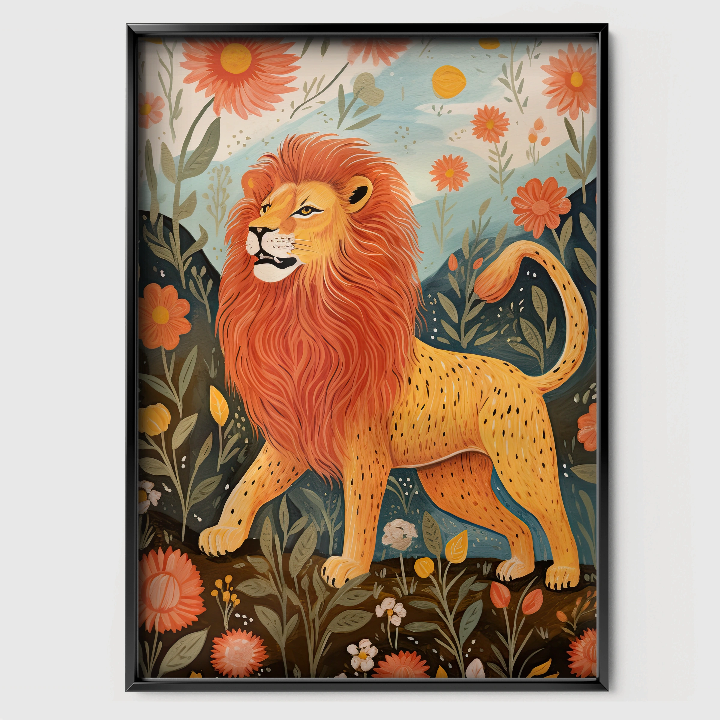 Lion Among Flowers Nursery Print - black framed nursery wall art print