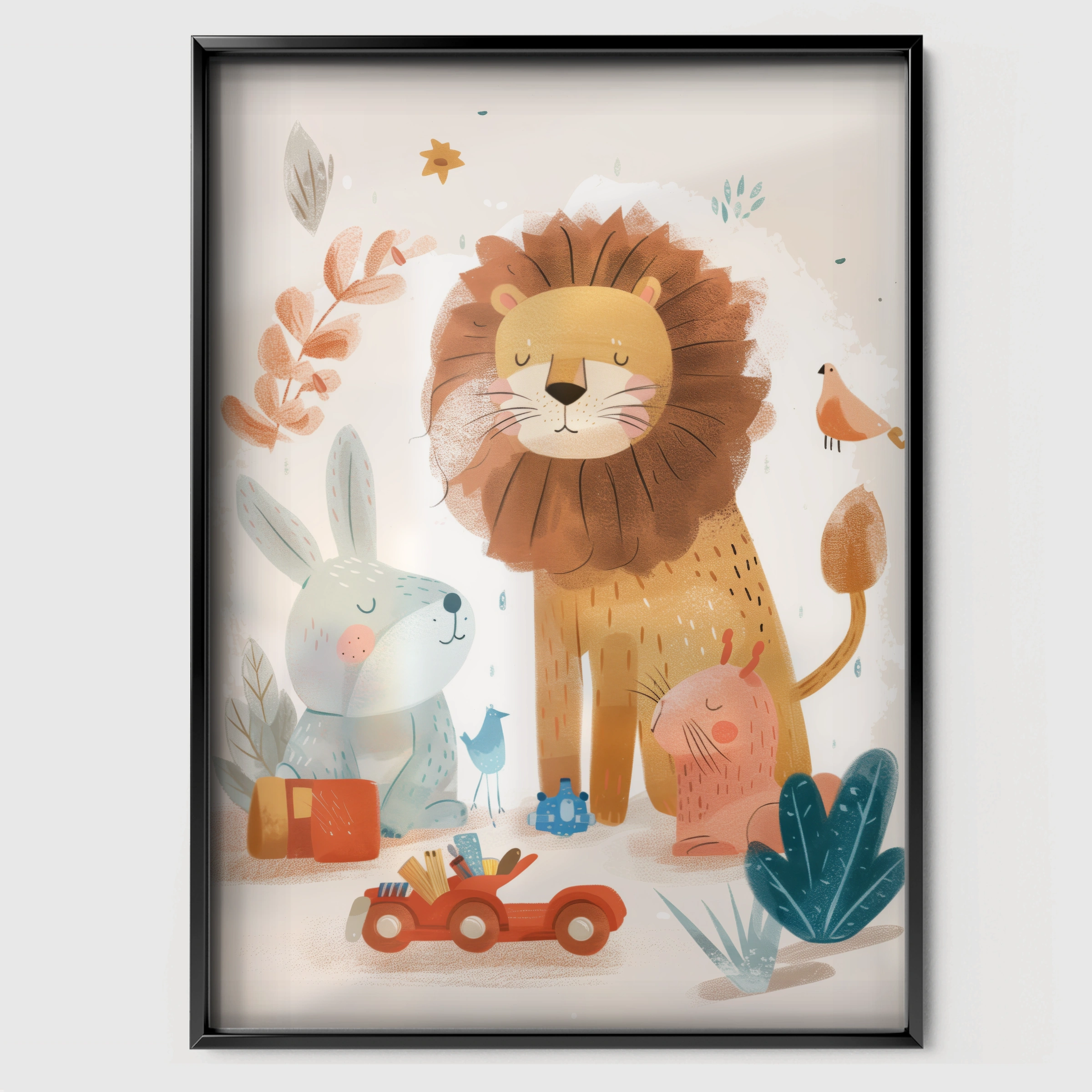Lion and Bunny Toys Nursery Print - black framed nursery wall art print