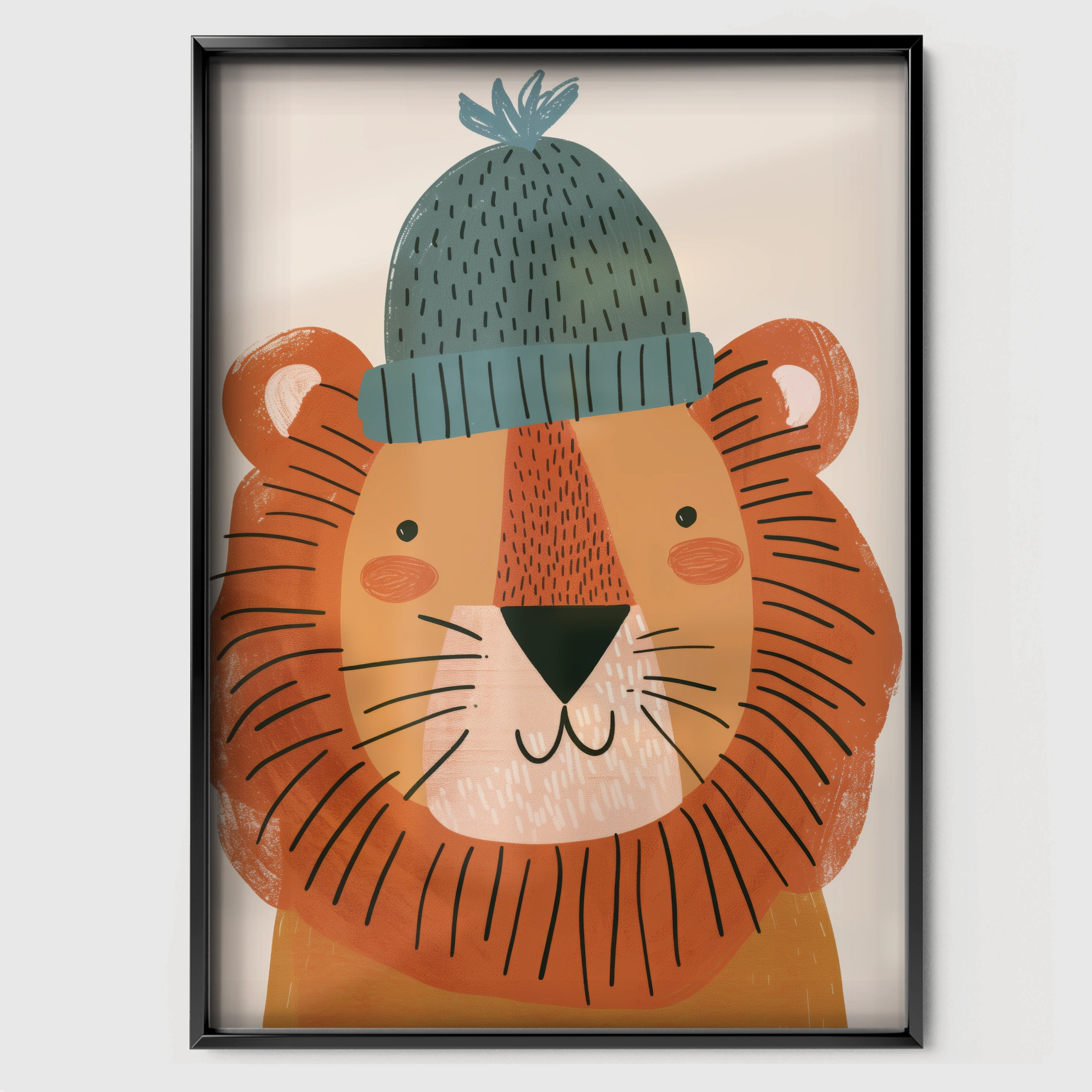 Lion in a Beanie Nursery Print - black framed nursery wall art print