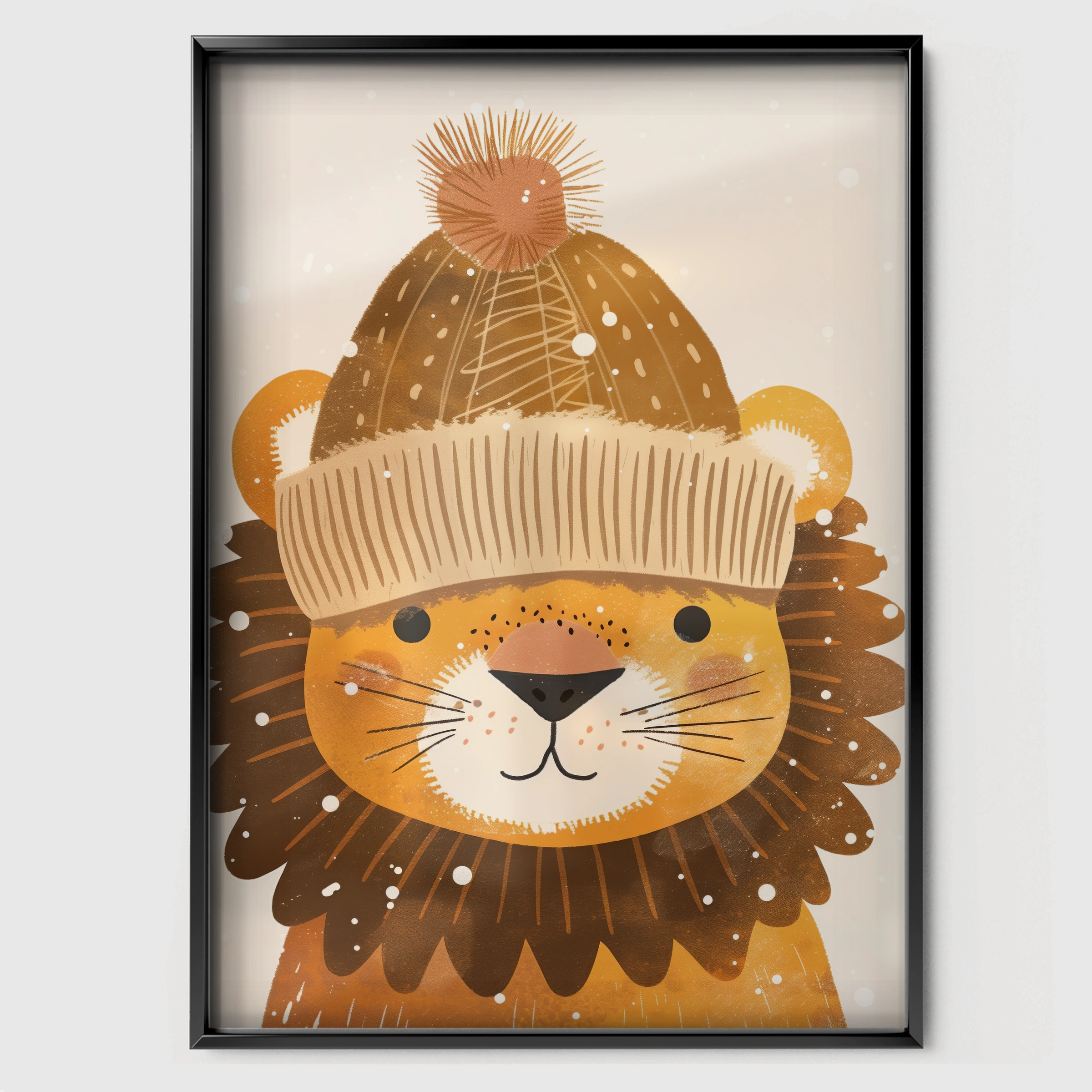 Lion in a Bobble Hat Nursery Print - black framed nursery wall art print