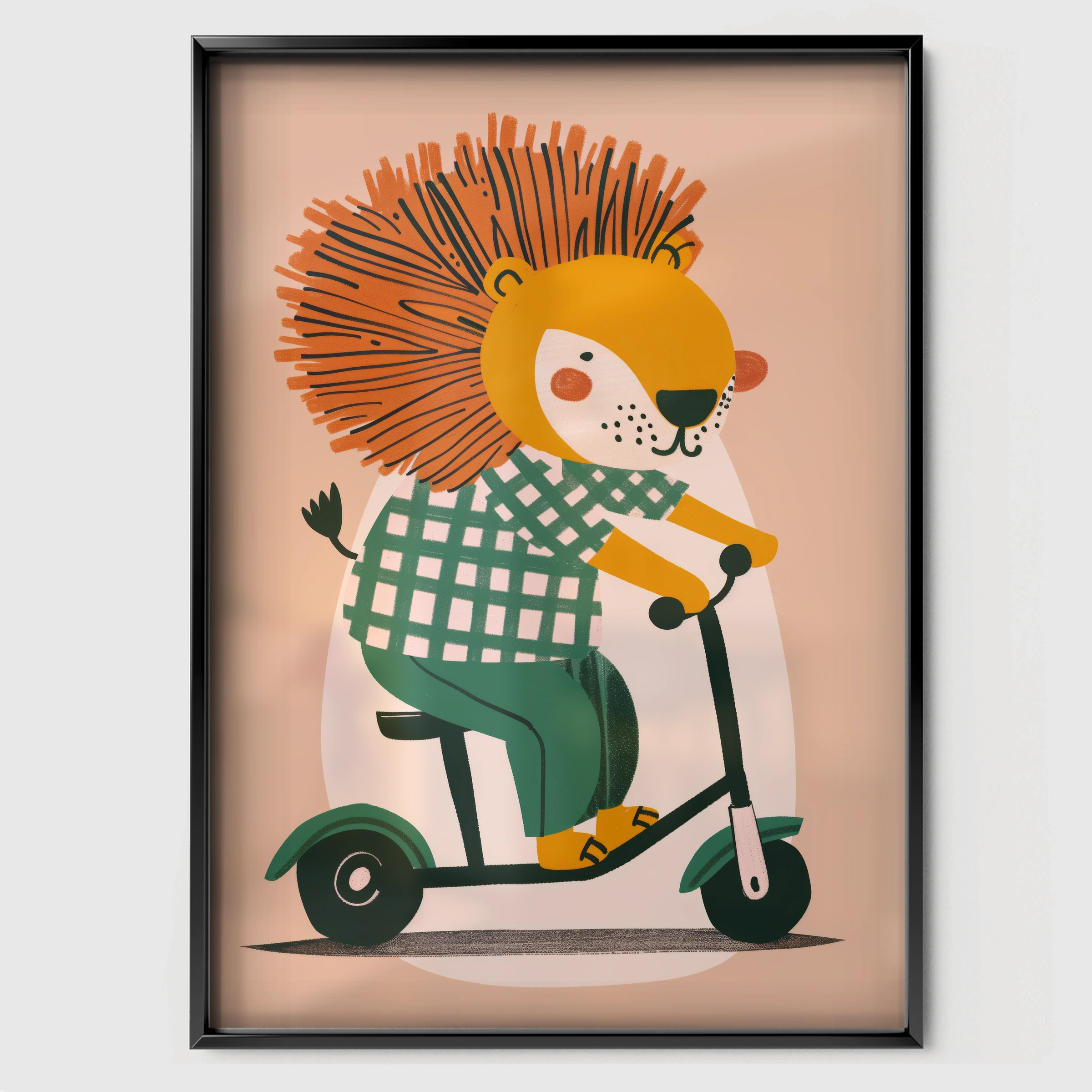 Lion on a Scooter Nursery Print - black framed nursery wall art print
