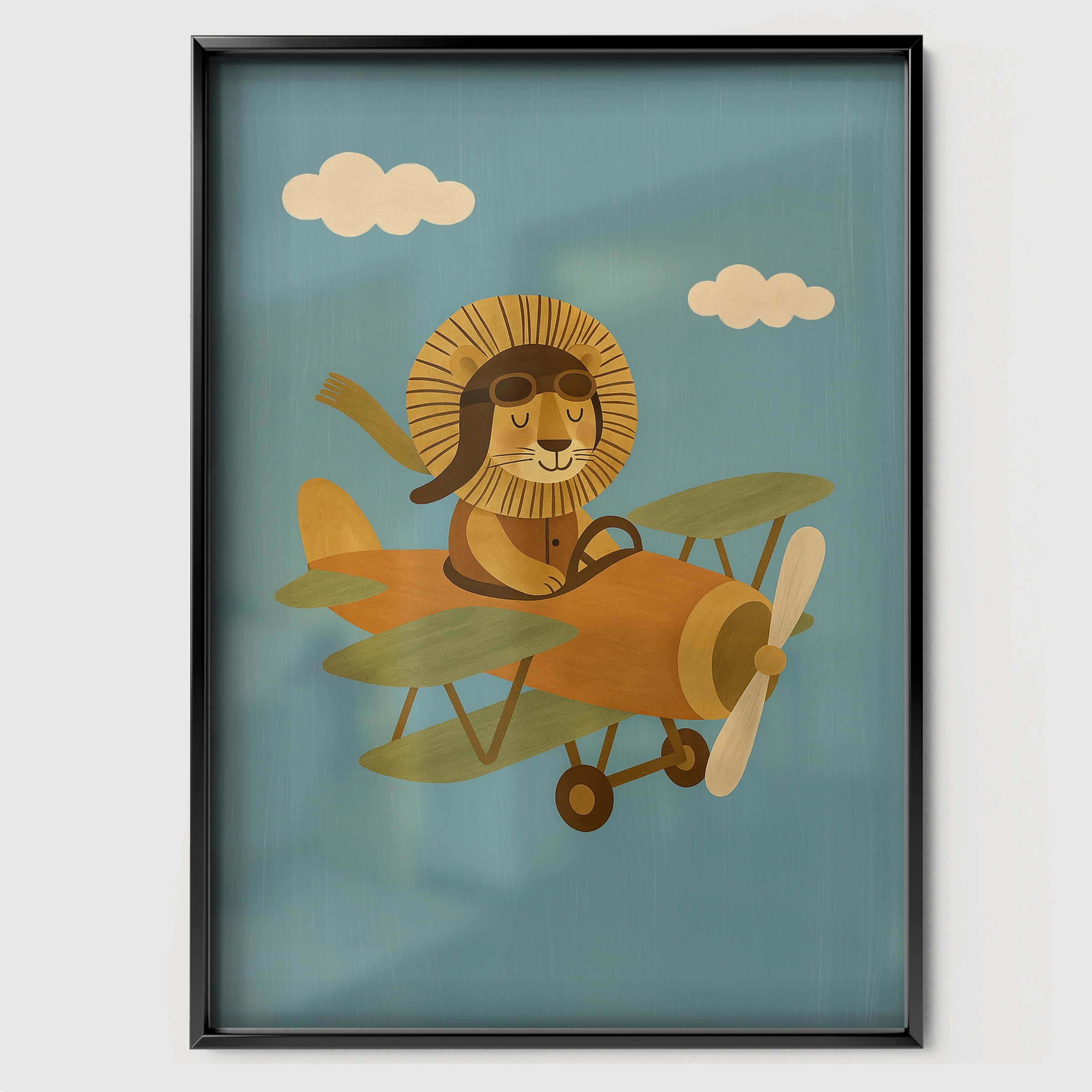 Lion Pilot in a Plane Nursery Print - black framed nursery wall art print