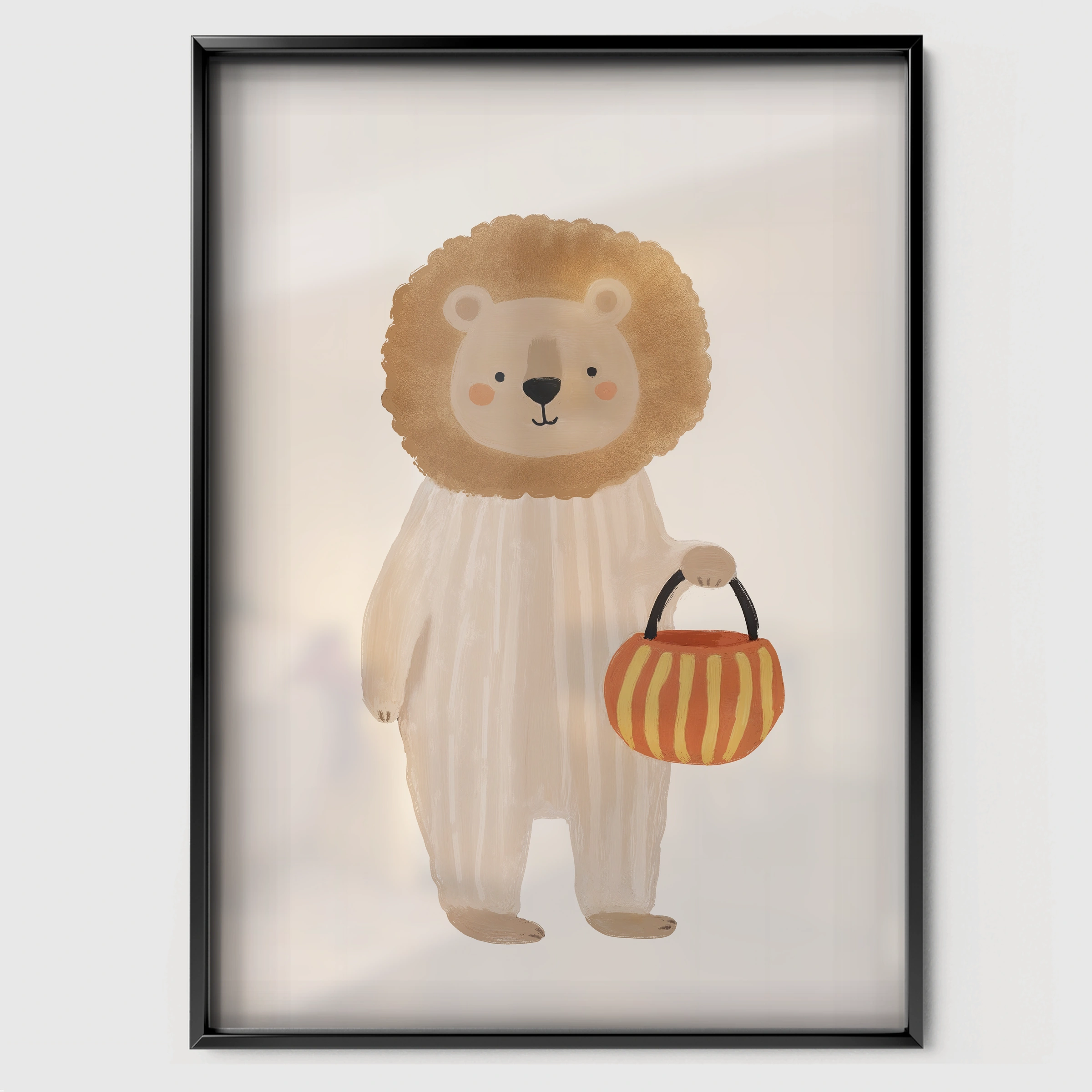 Lion with a Basket Nursery Print - black framed nursery wall art print