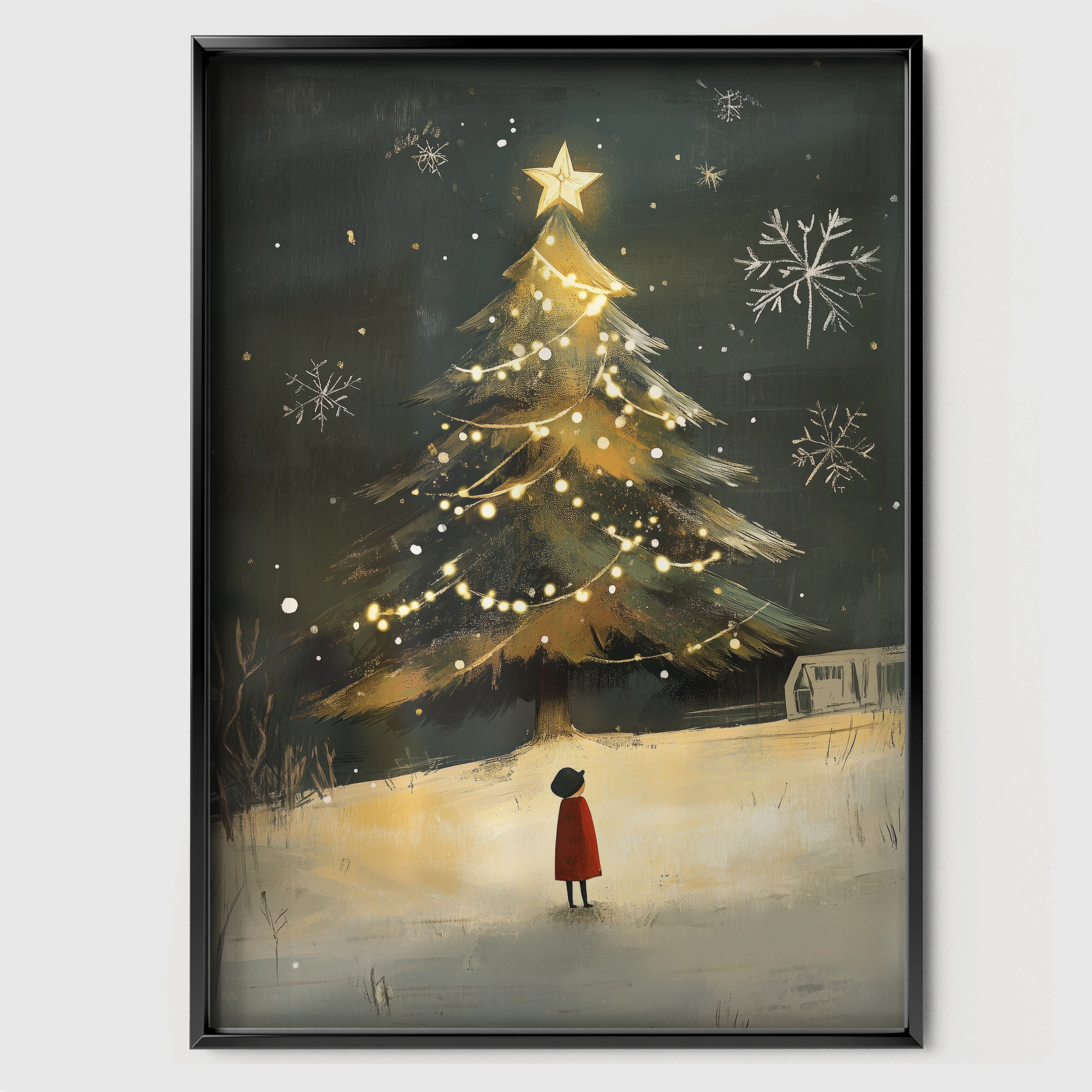 Lit Christmas Tree Print - black framed nursery wall art print