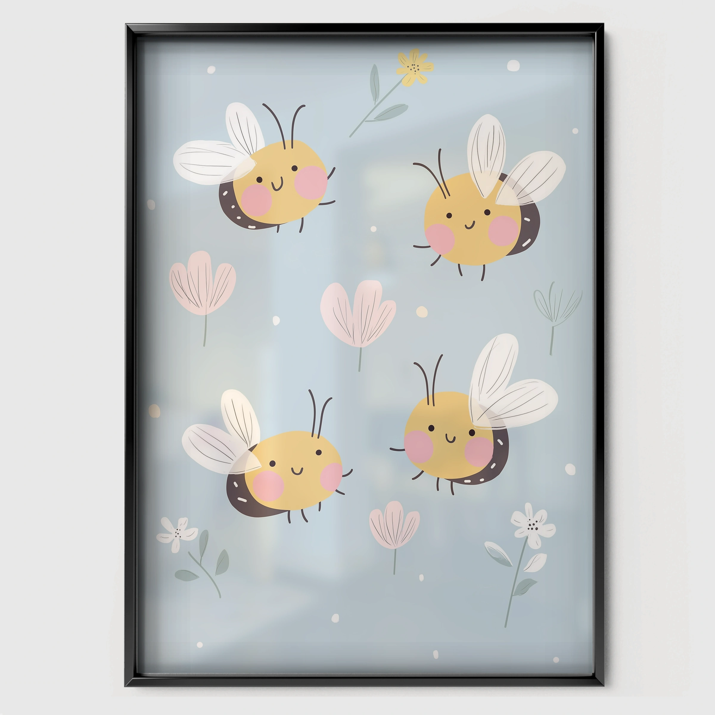 Little Bees Nursery Print - black framed nursery wall art print
