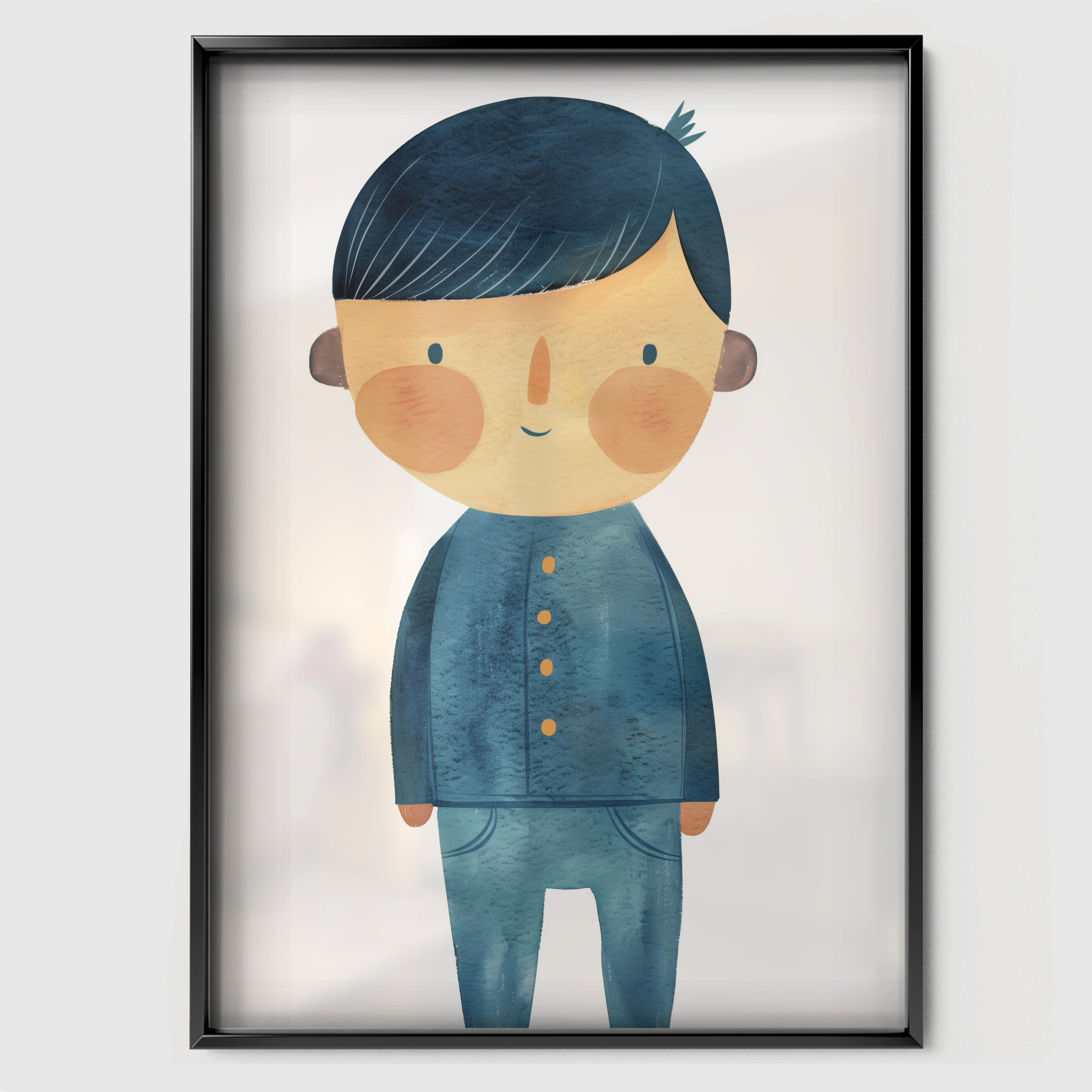Little Boy in Blue Nursery Print - black framed nursery wall art print