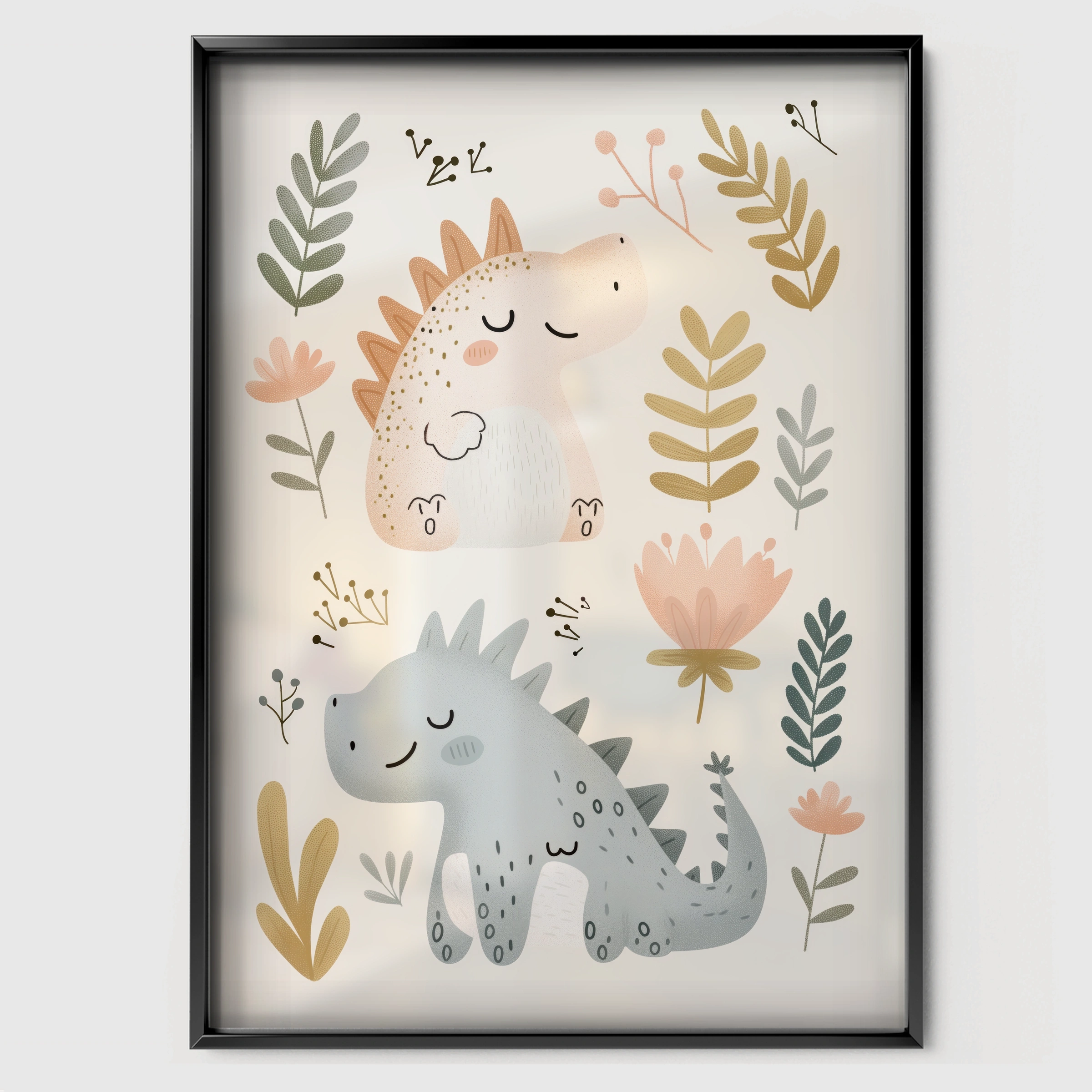 Little Dino Duo Nursery Print - black framed nursery wall art print