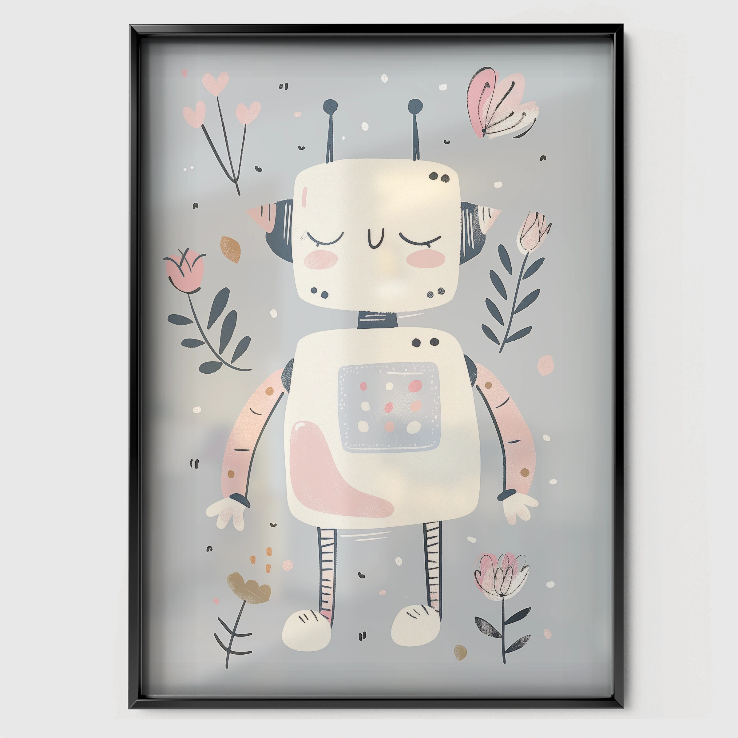 Little Robot Nursery Print - black framed nursery wall art print