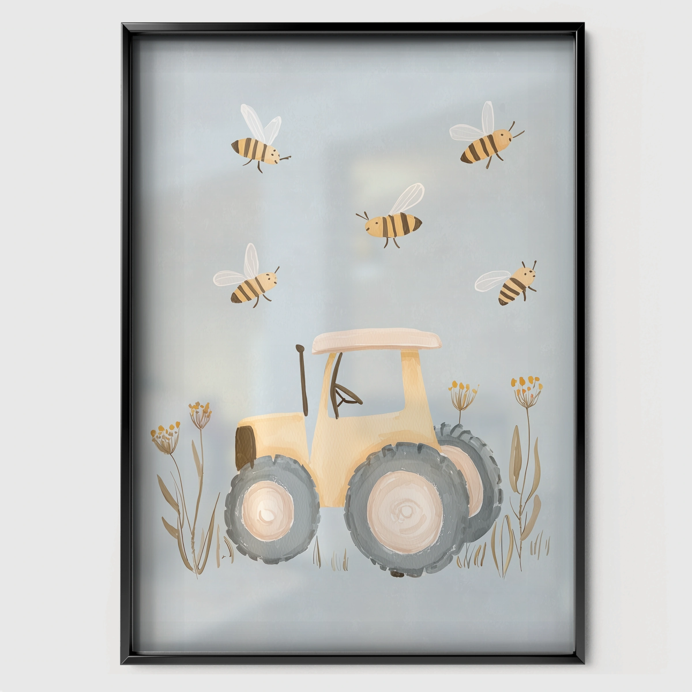 Little Tractor Nursery Print - black framed nursery wall art print