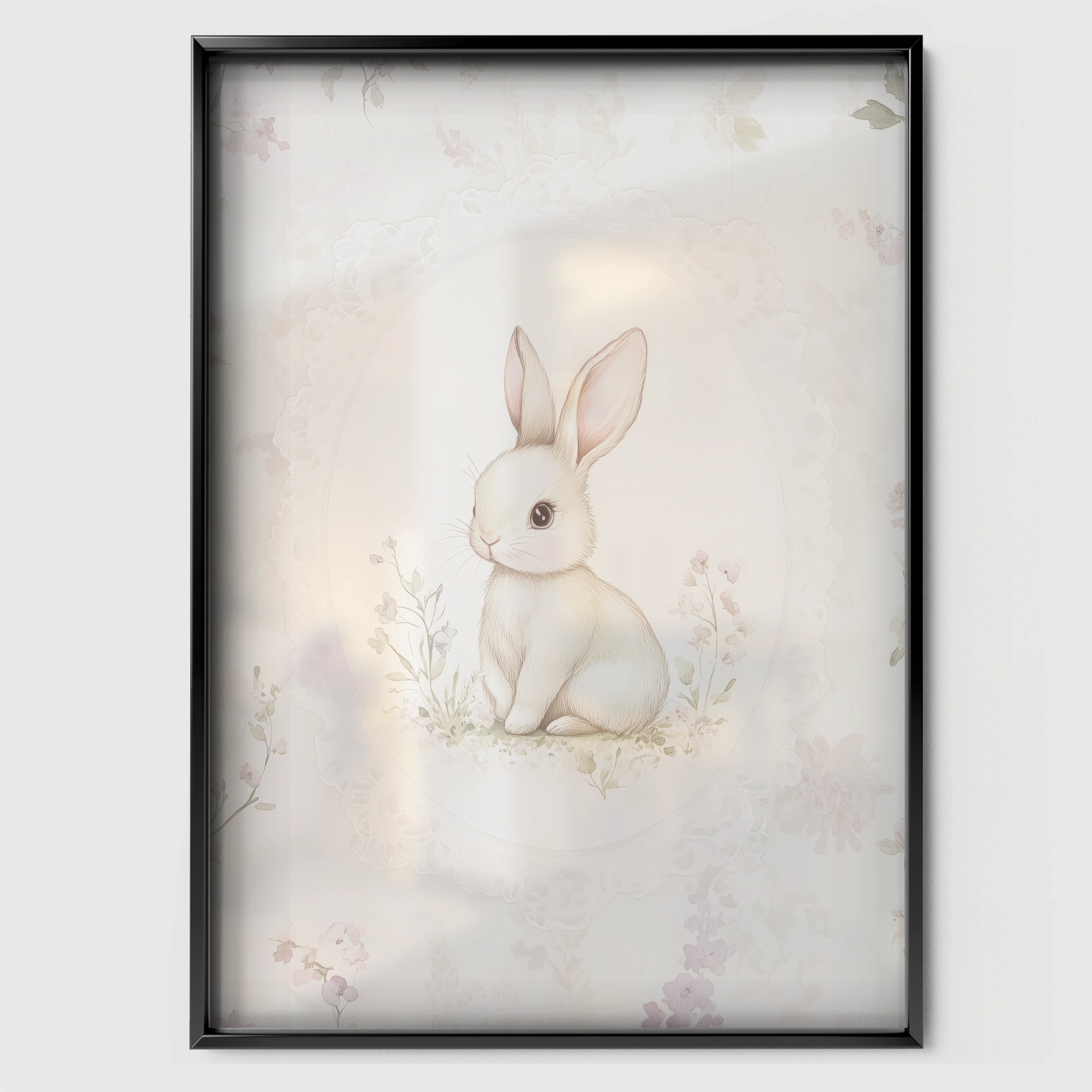 Little White Rabbit Nursery Print - black framed nursery wall art print