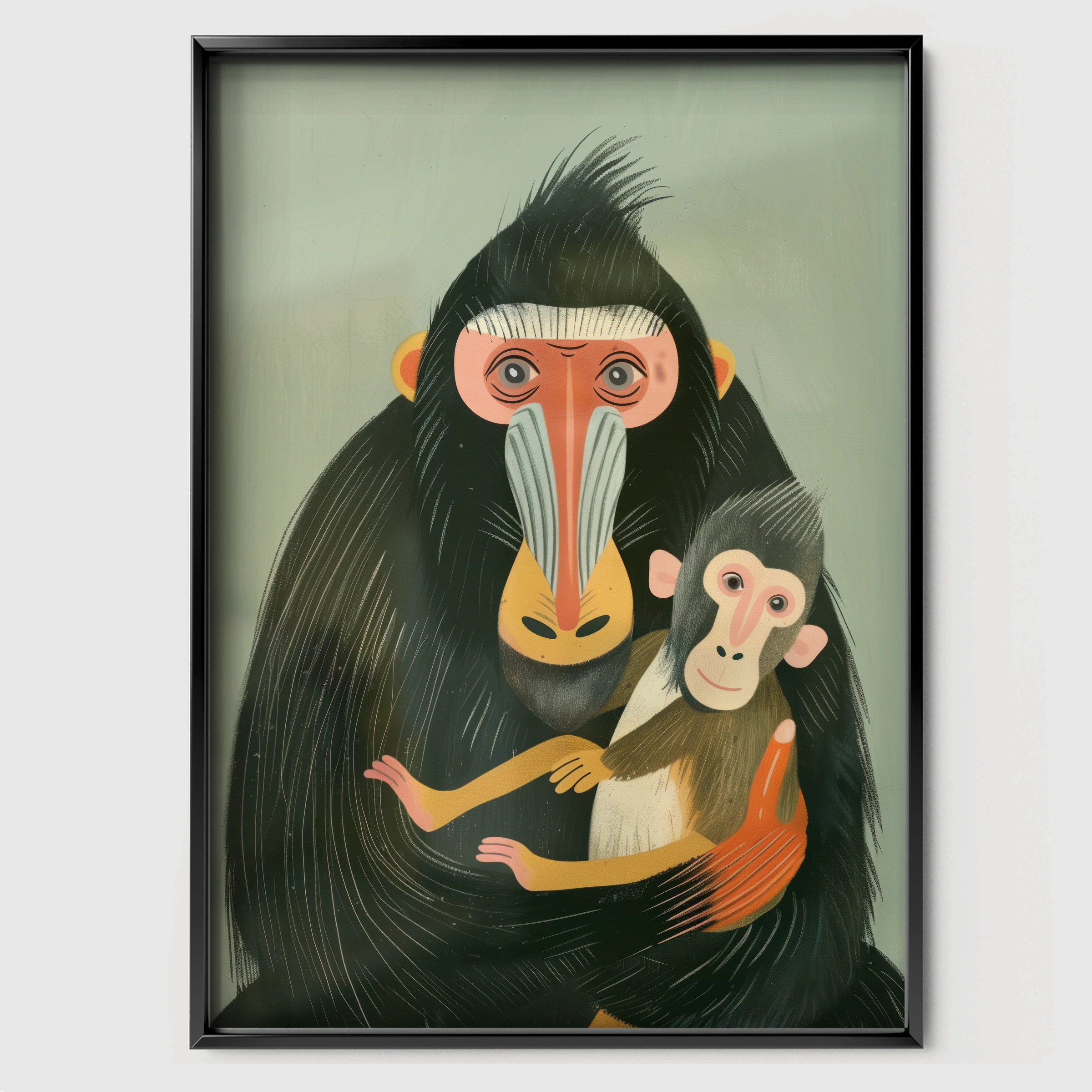 Mandrill and Baby Nursery Print - black framed nursery wall art print