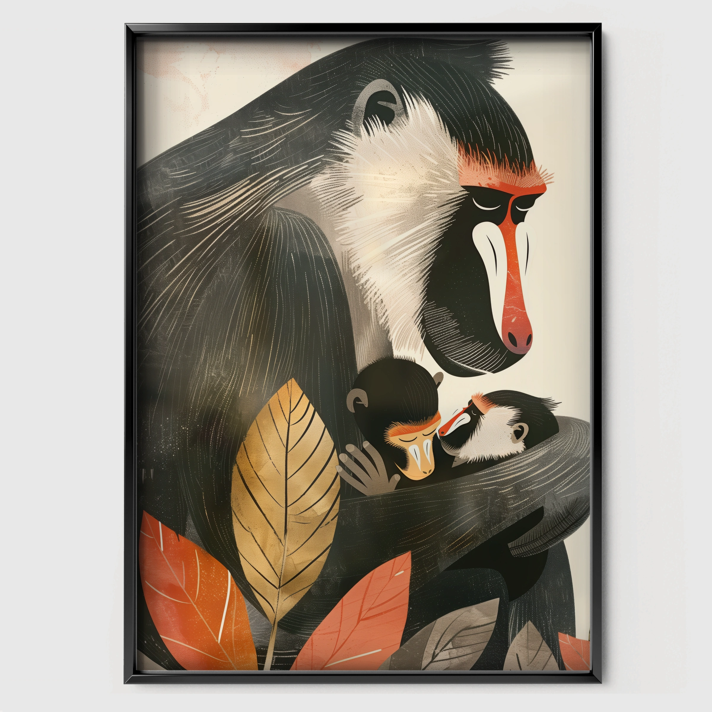 Mandrill Family Nursery Print - black framed nursery wall art print