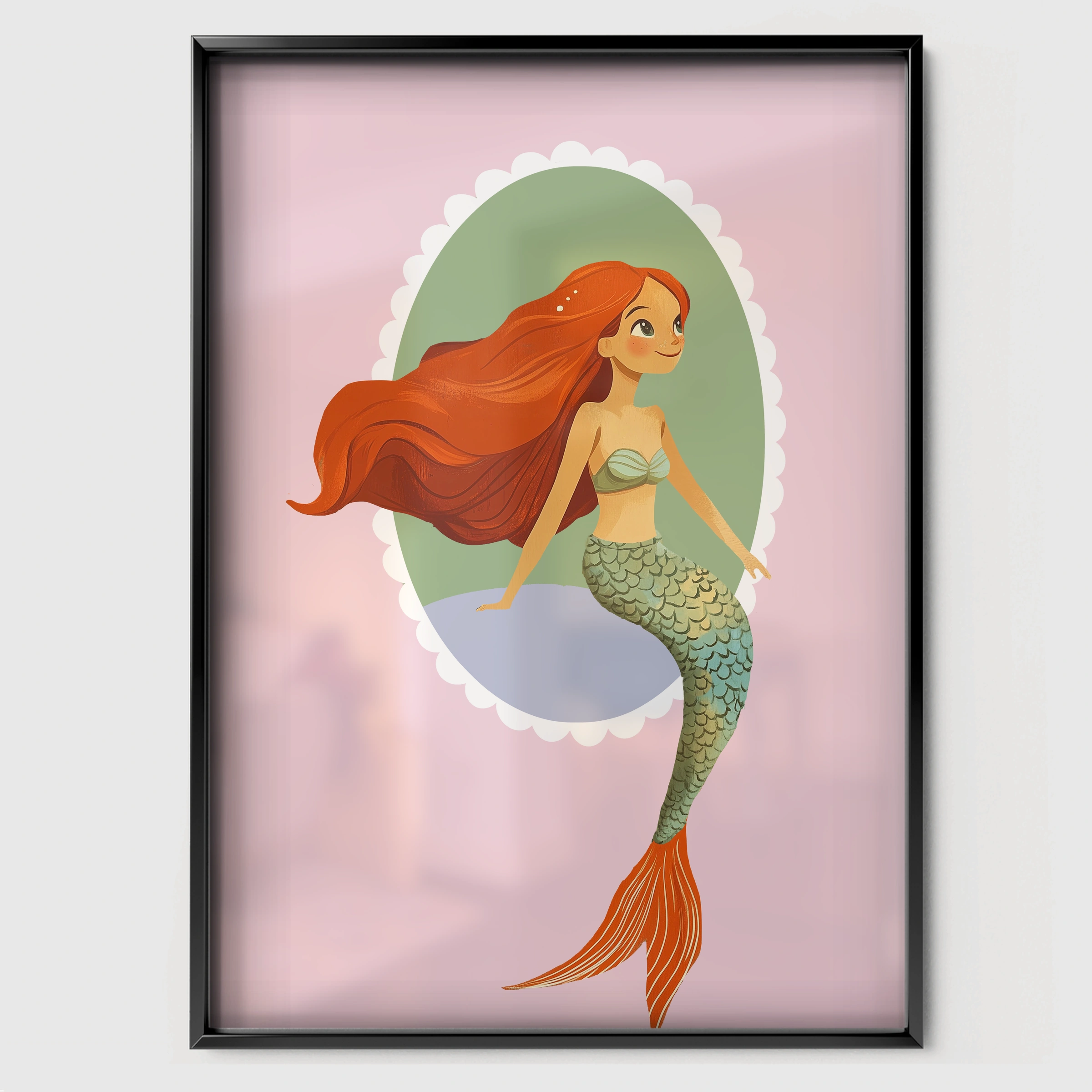 Mermaid Cameo Nursery Print - black framed nursery wall art print