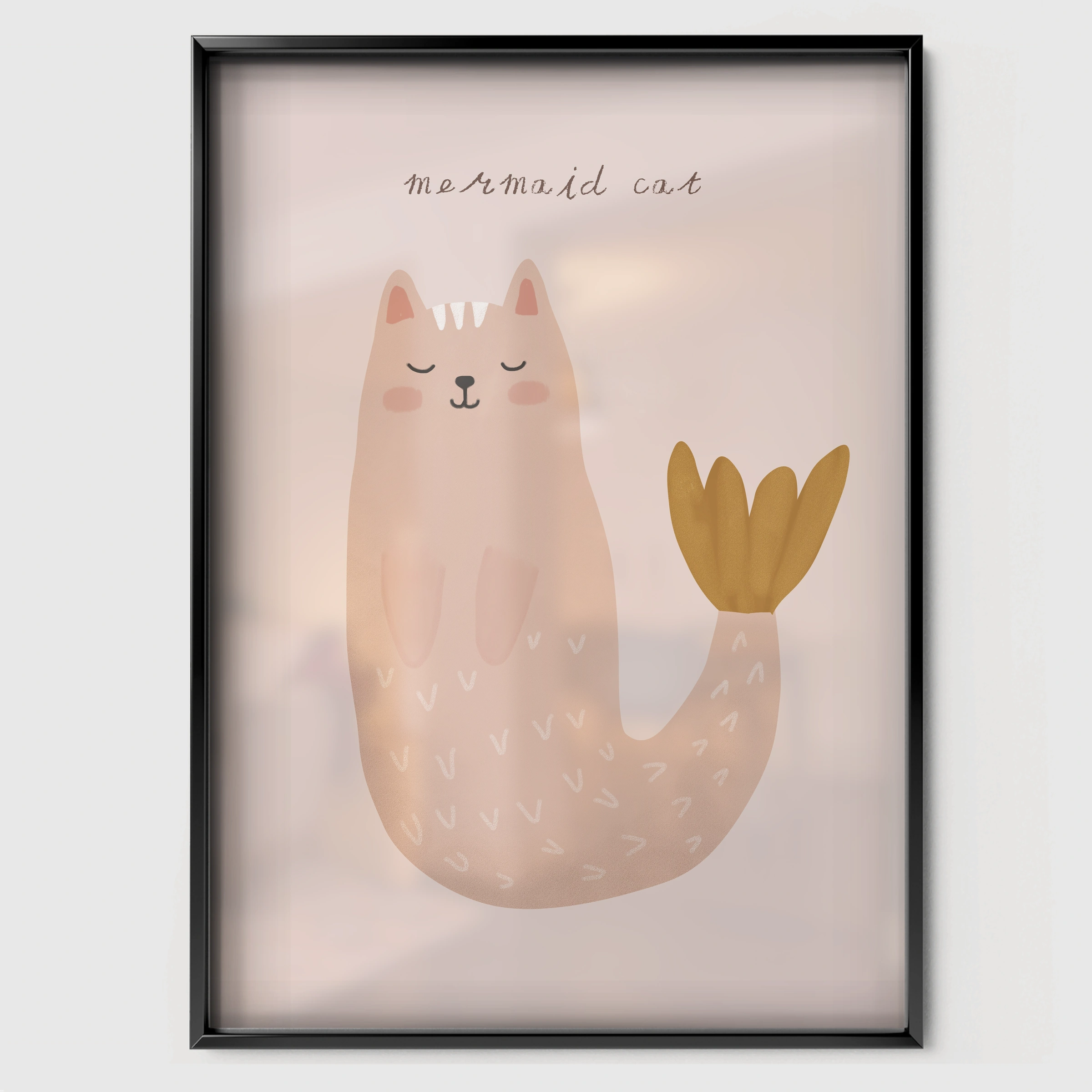 Mermaid Cat Nursery Print - black framed nursery wall art print