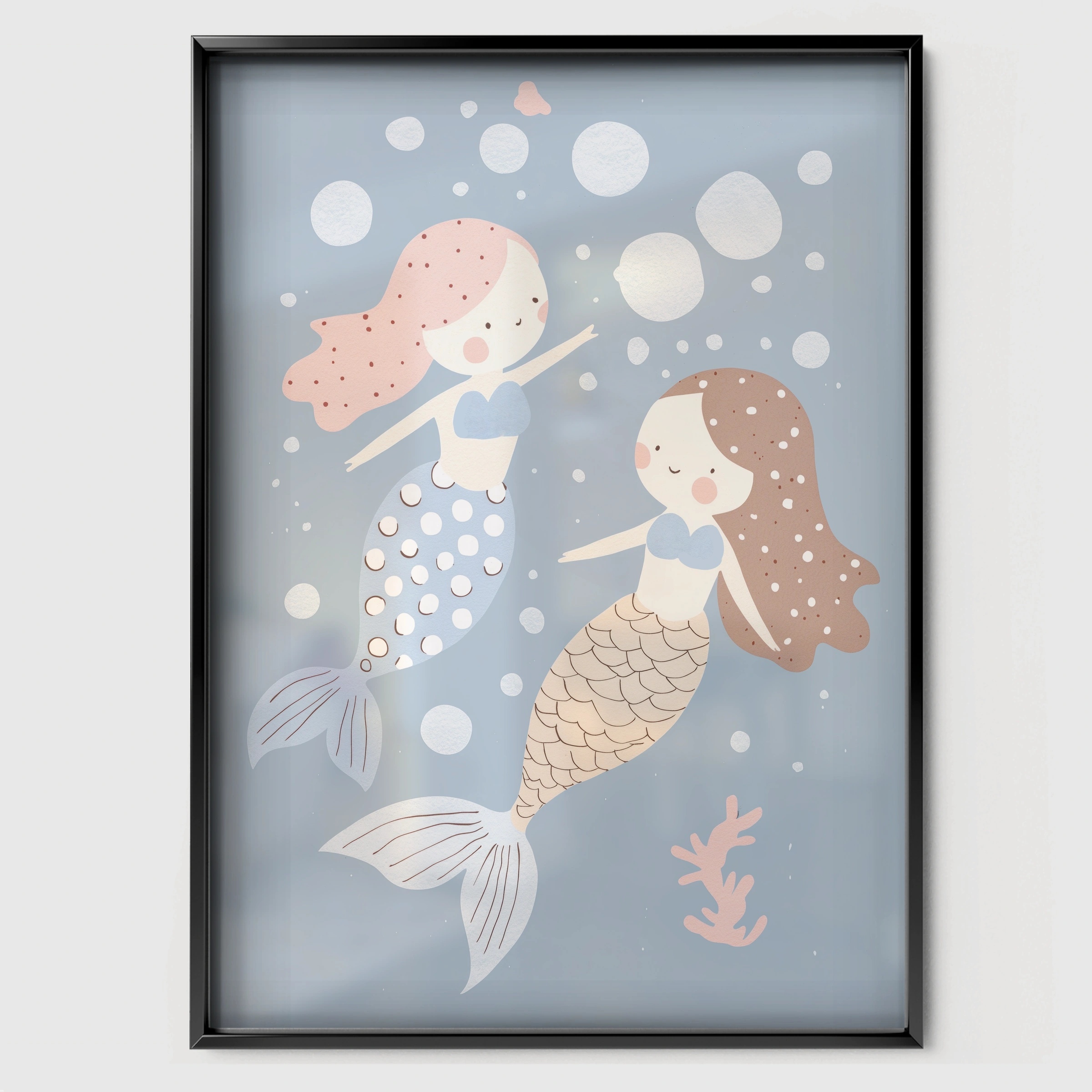 Mermaid Friends Nursery Print - black framed nursery wall art print