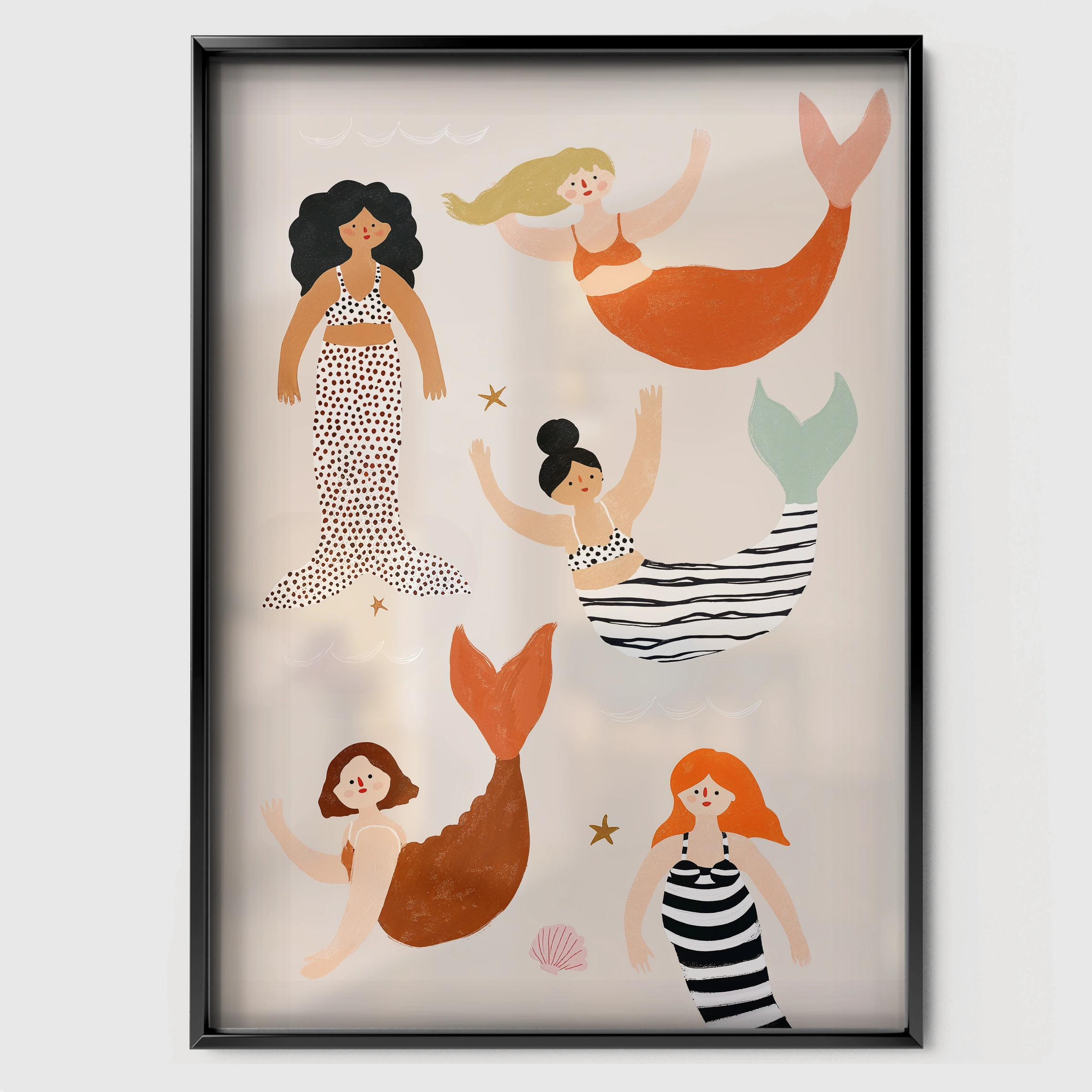 Mermaid Trio Nursery Print - black framed nursery wall art print