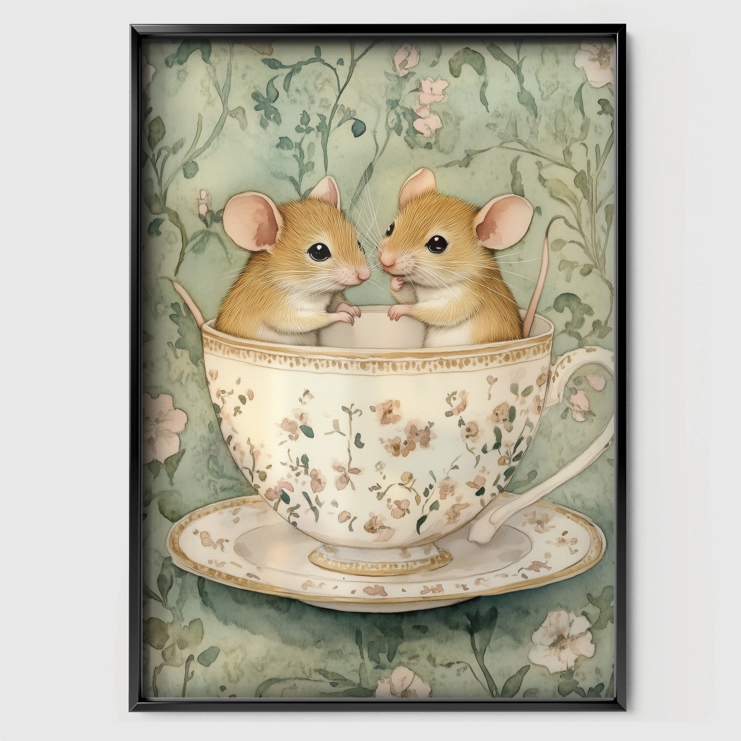 Mice in a Teacup Nursery Print - black framed nursery wall art print