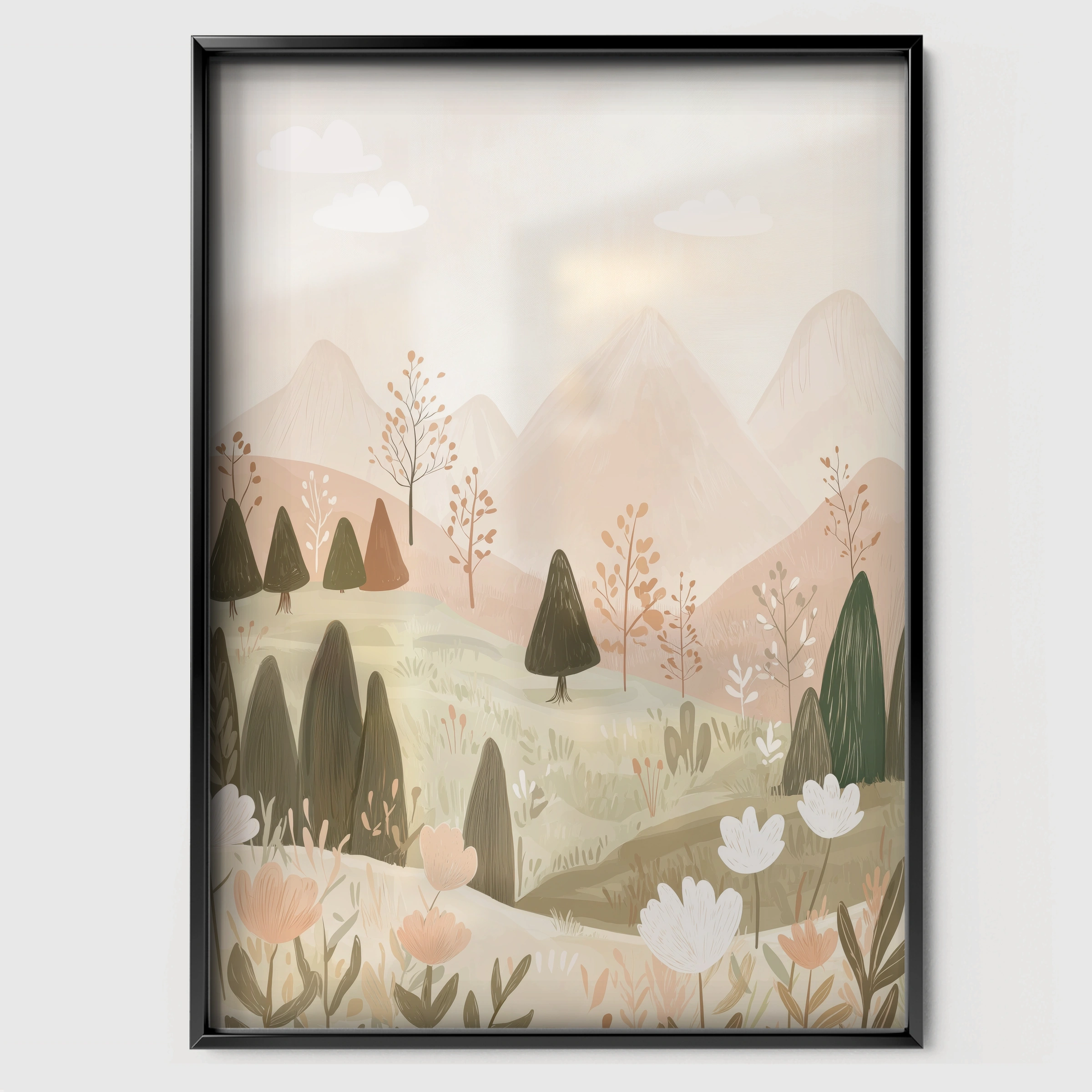 Misty Mountains Nursery Print - black framed nursery wall art print