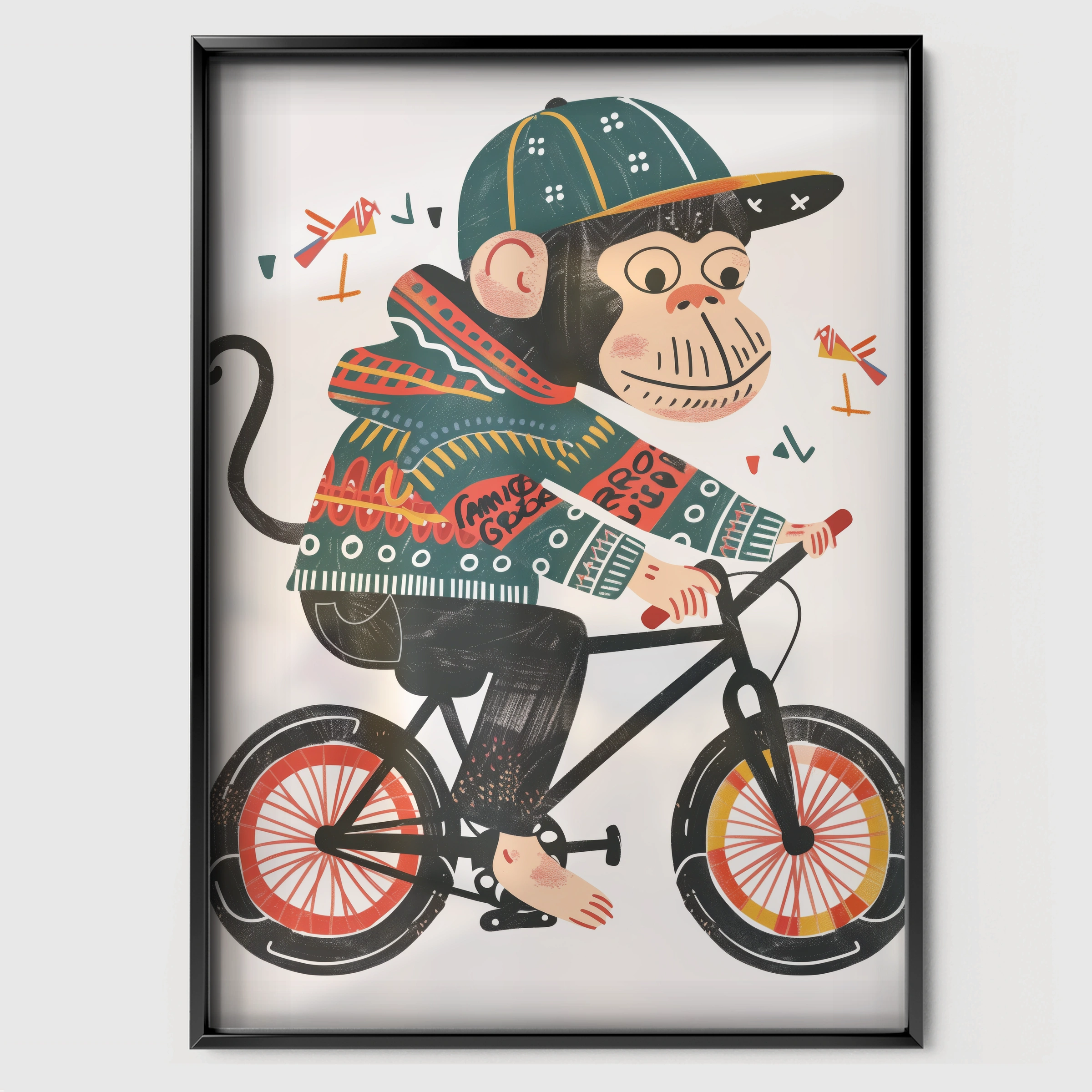 Monkey on a Bicycle Nursery Print - black framed nursery wall art print