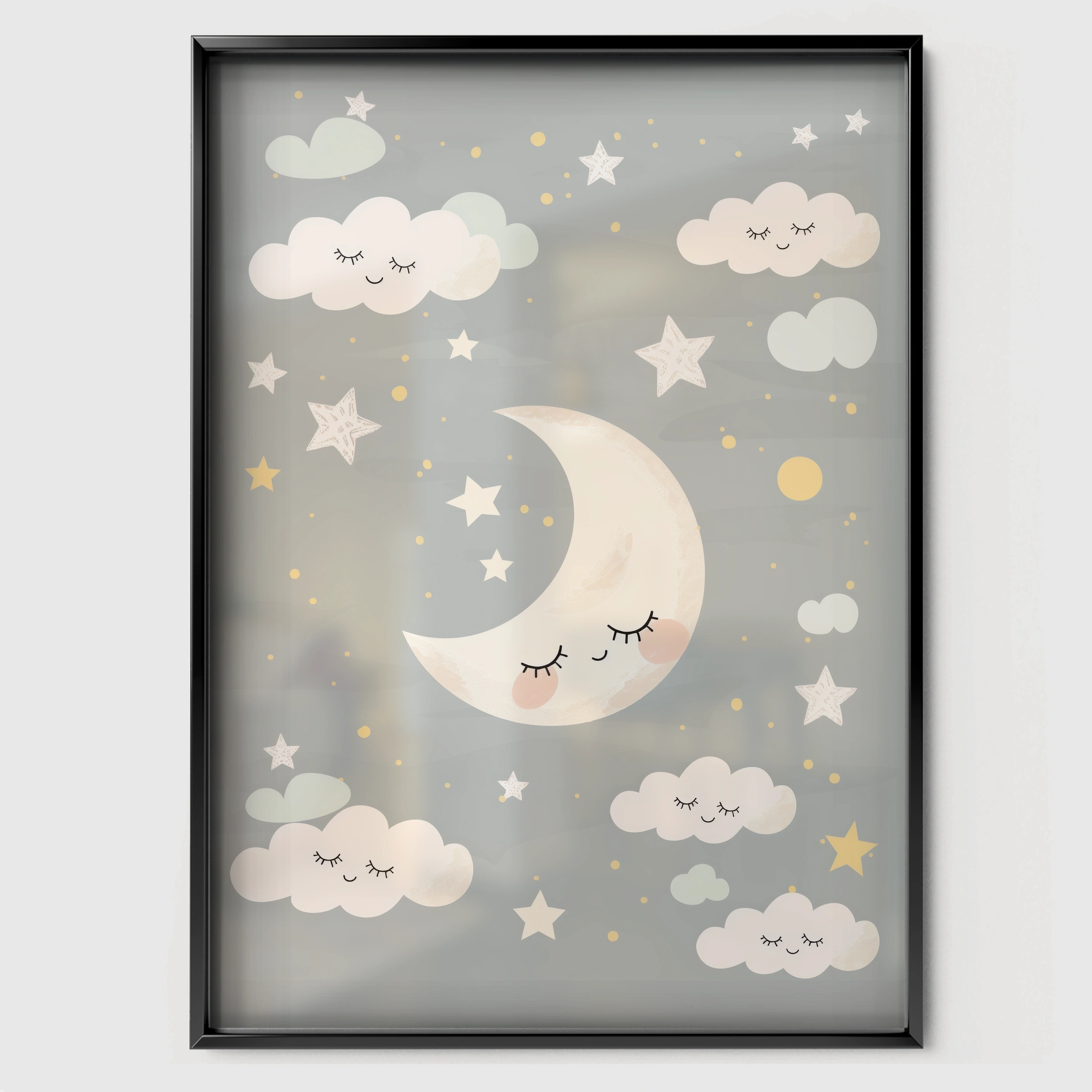 Moon and Clouds Nursery Print - black framed nursery wall art print