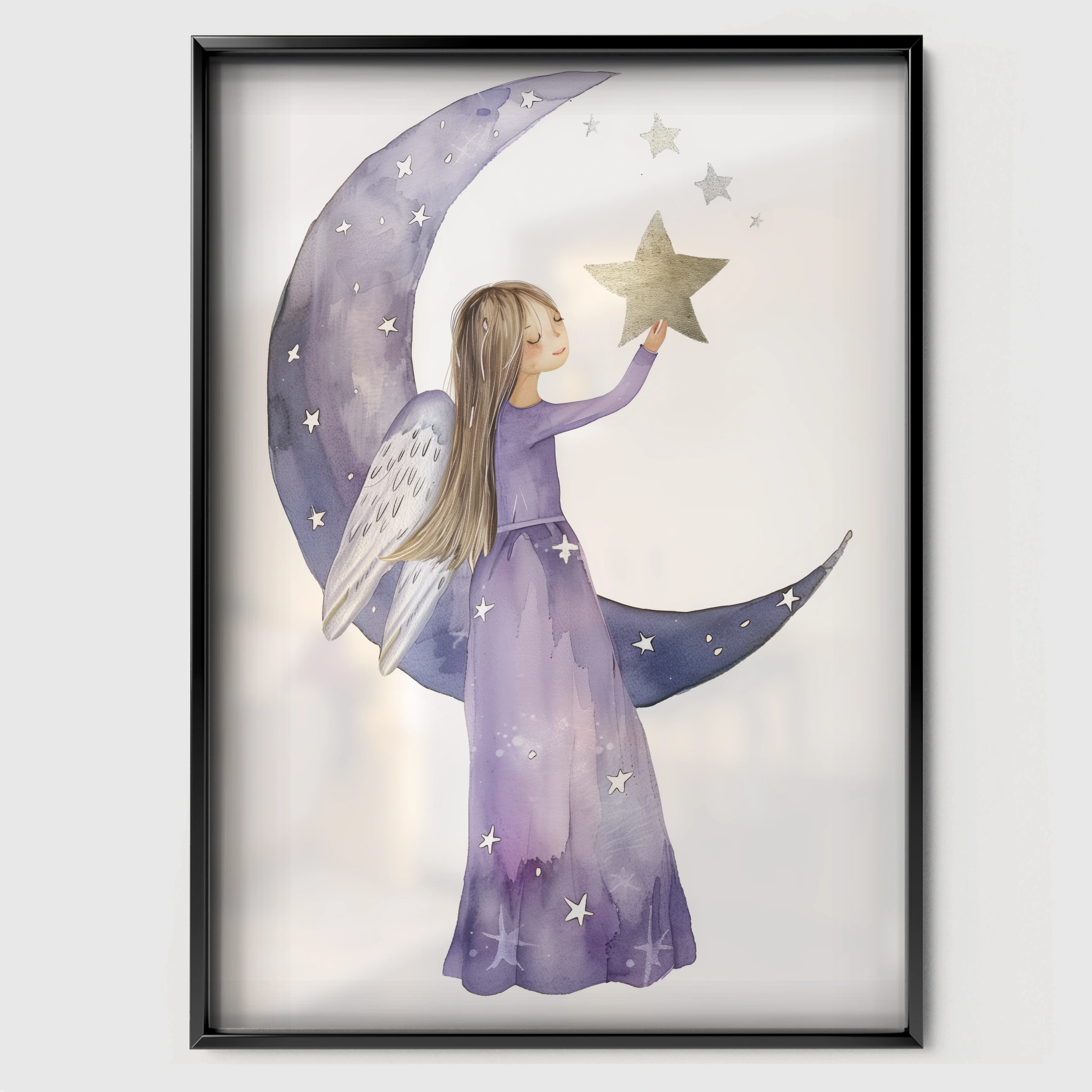 Moon Fairy Nursery Print - black framed nursery wall art print