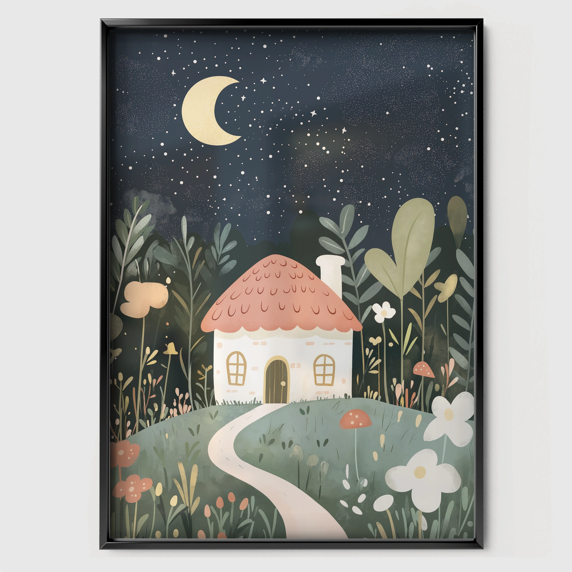 Moonlit Village Nursery Print - black framed nursery wall art print