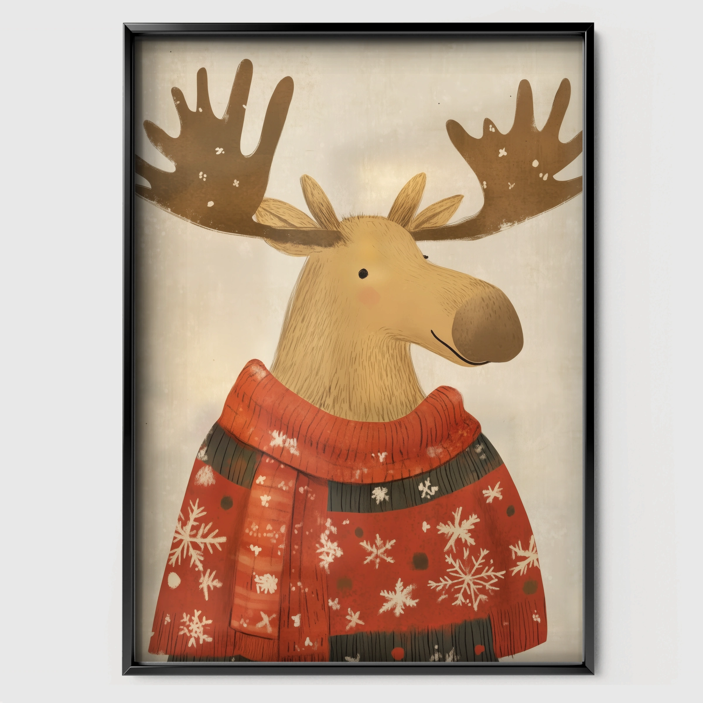 Moose in a Sweater Christmas Print - black framed nursery wall art print