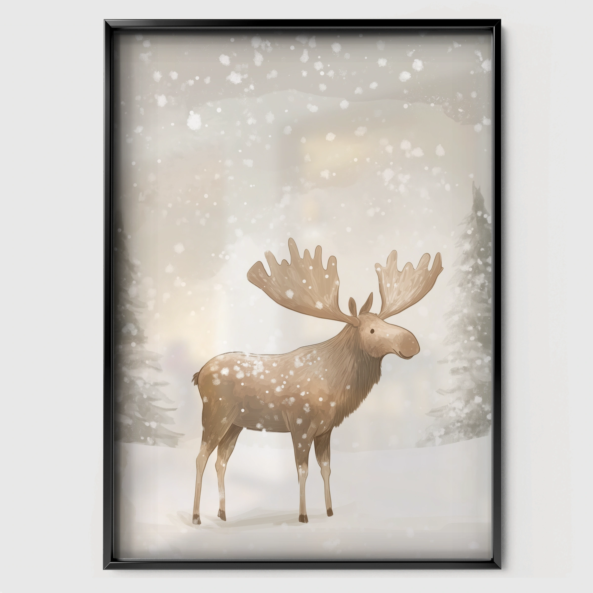 Moose in the Snow Christmas Print - black framed nursery wall art print