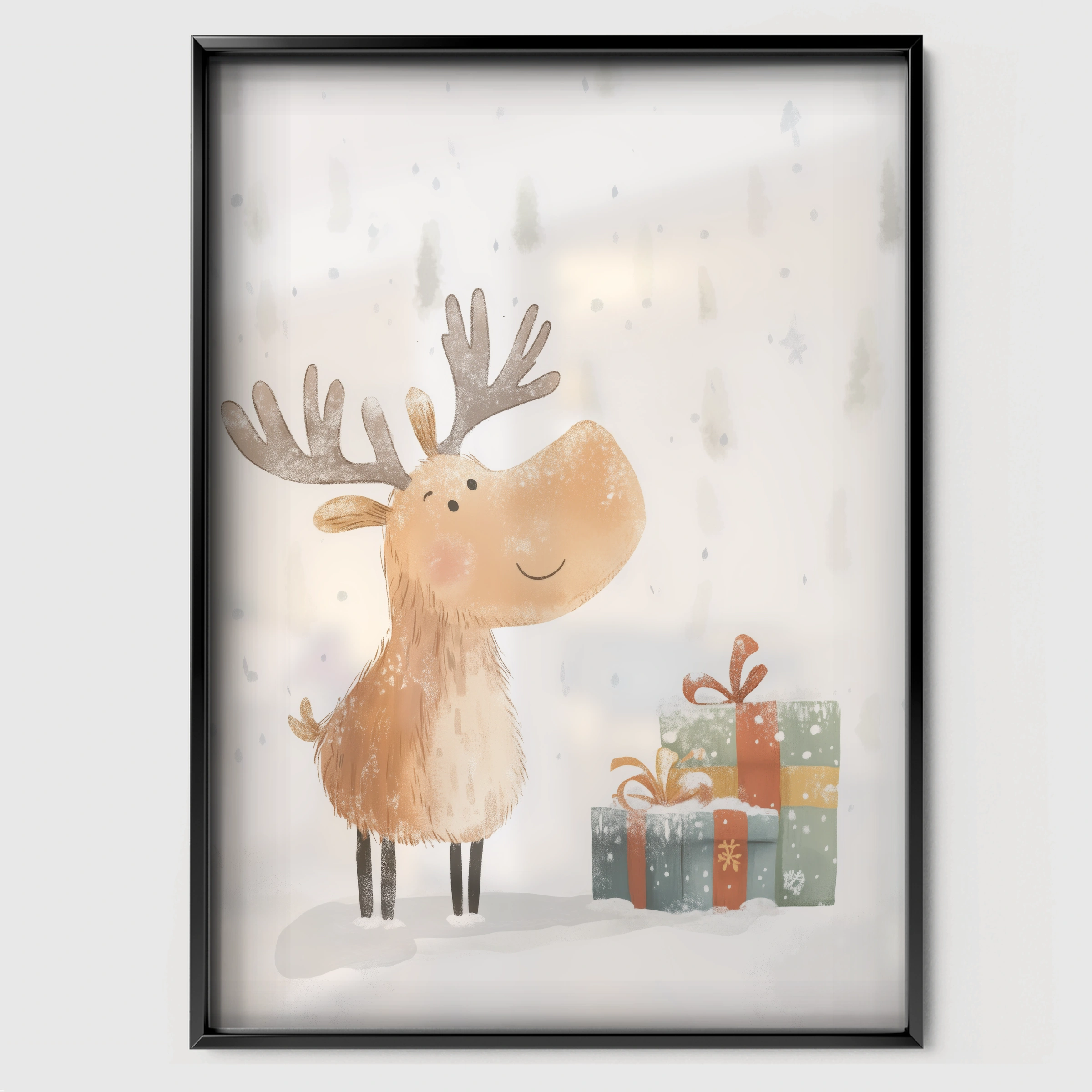 Moose with Gifts Christmas Print - black framed nursery wall art print