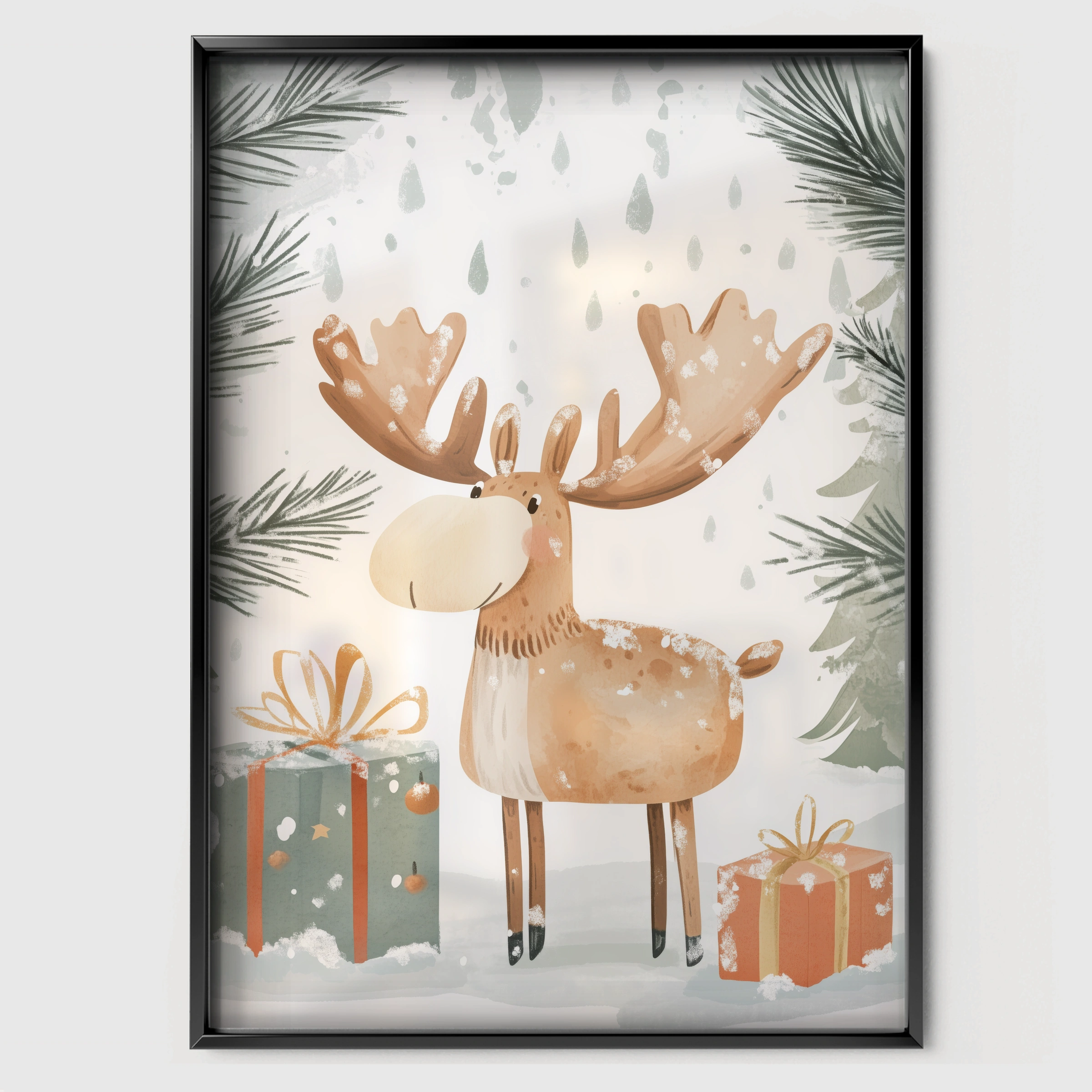 Moose with Gifts Two Christmas Print - black framed nursery wall art print