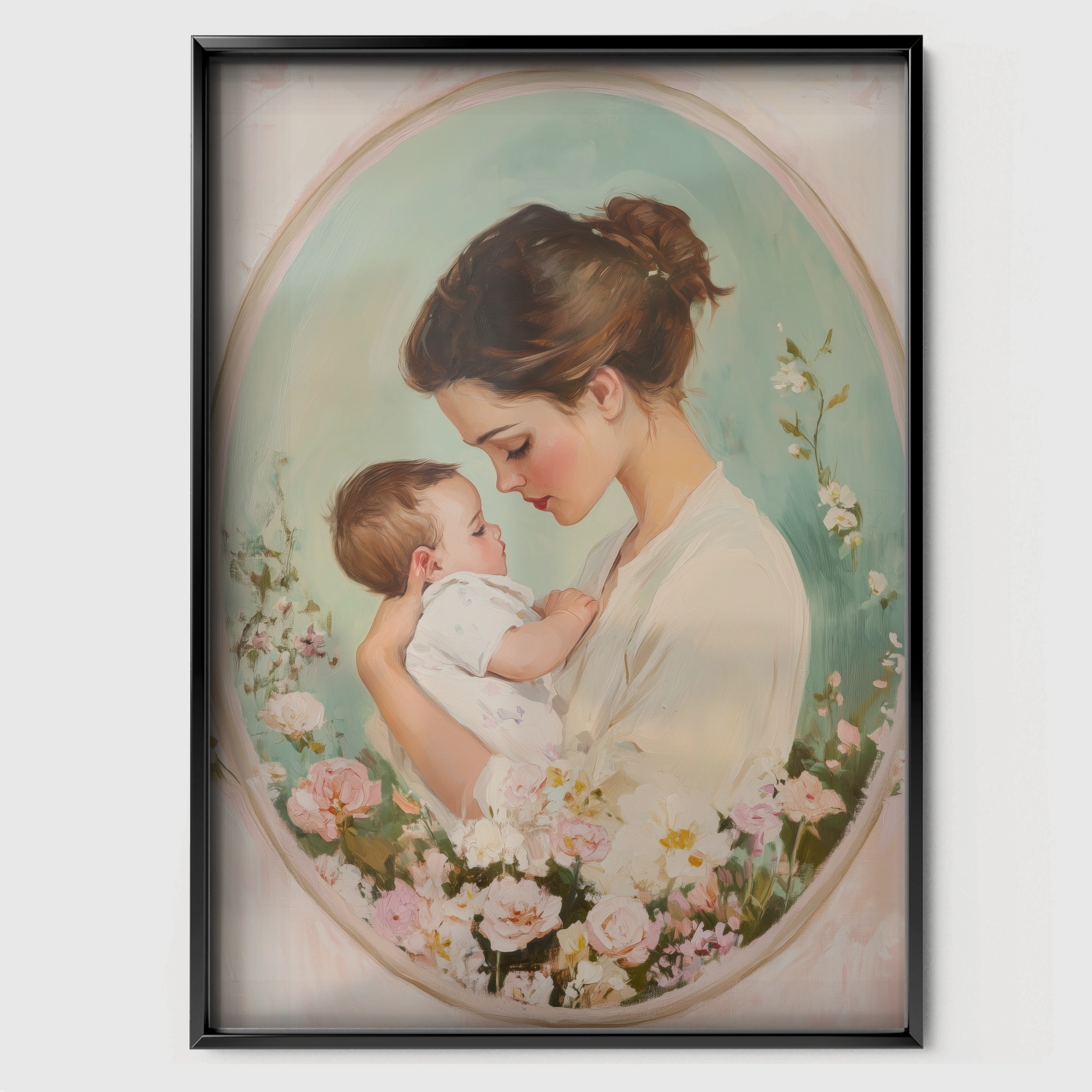 Mother and Baby Cameo Nursery Print - black framed nursery wall art print