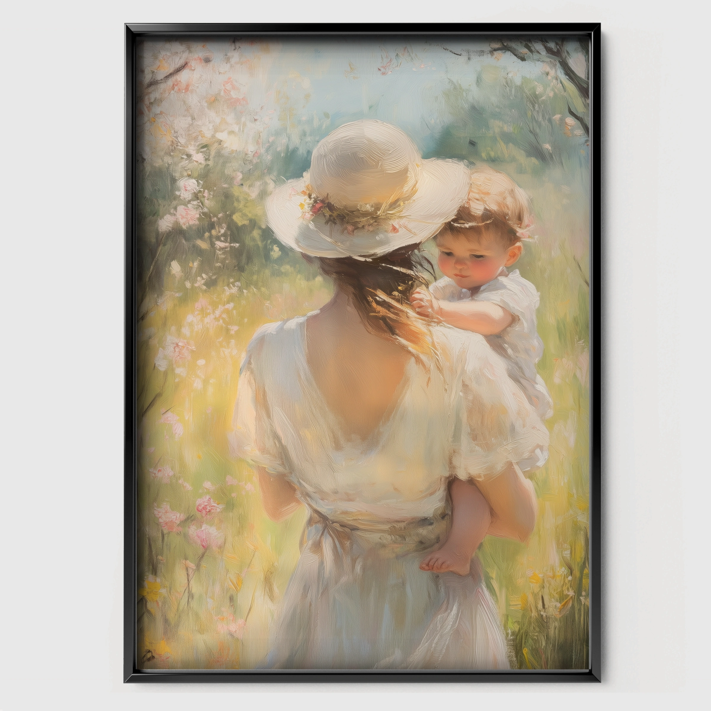 Mother and Baby in Blossom Nursery Print - black framed nursery wall art print