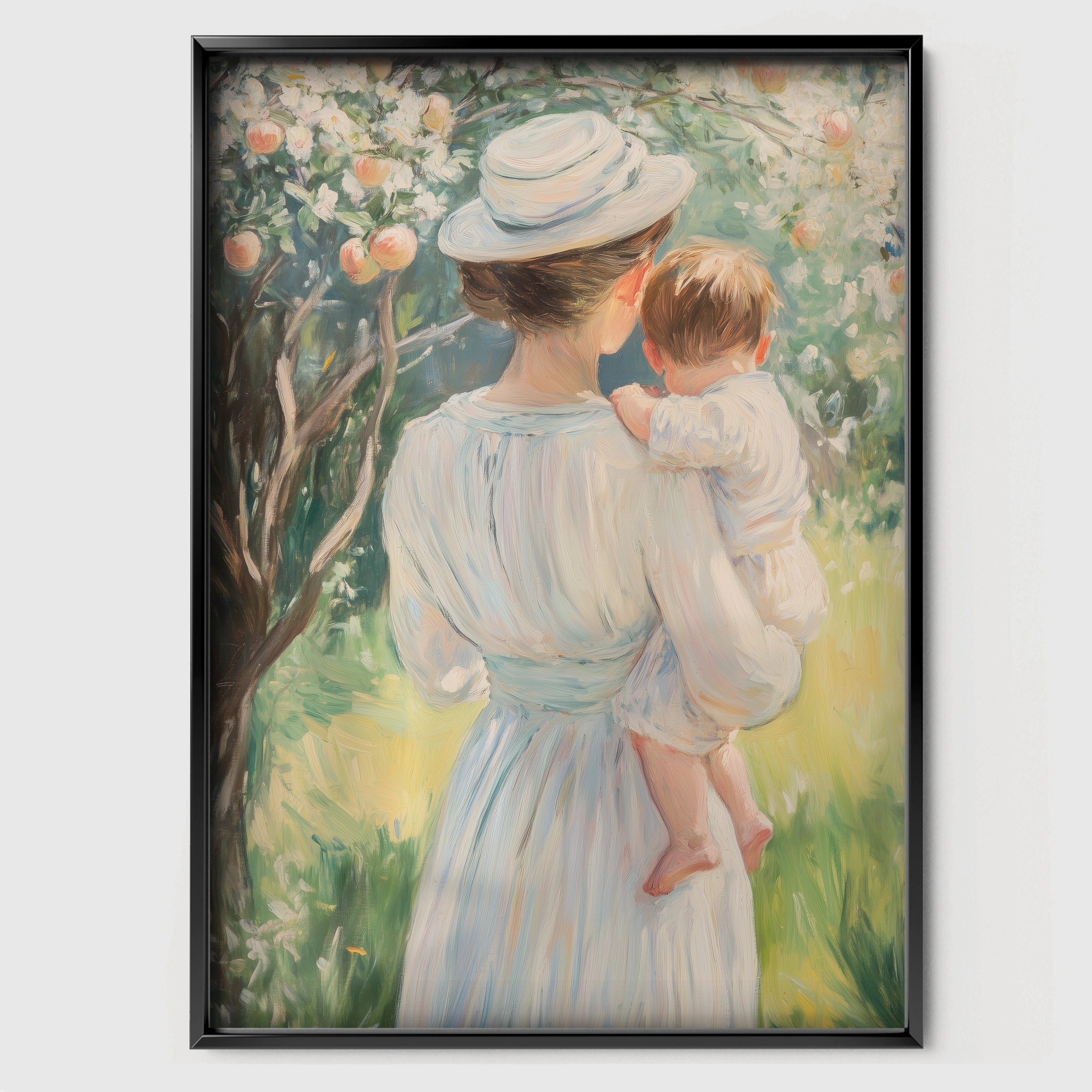 Mother and Baby in the Garden Nursery Print - black framed nursery wall art print