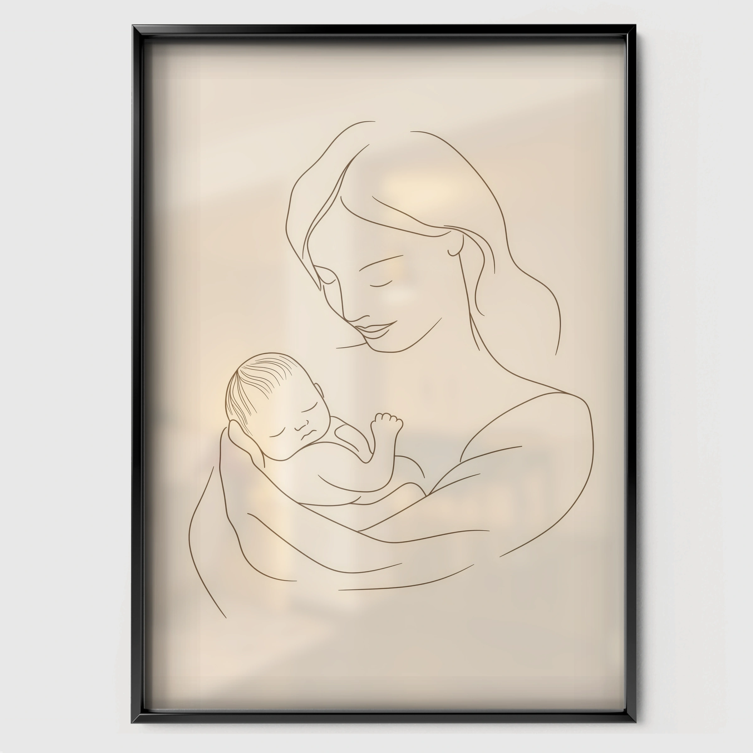 Mother and Baby Line Art Nursery Print - black framed nursery wall art print