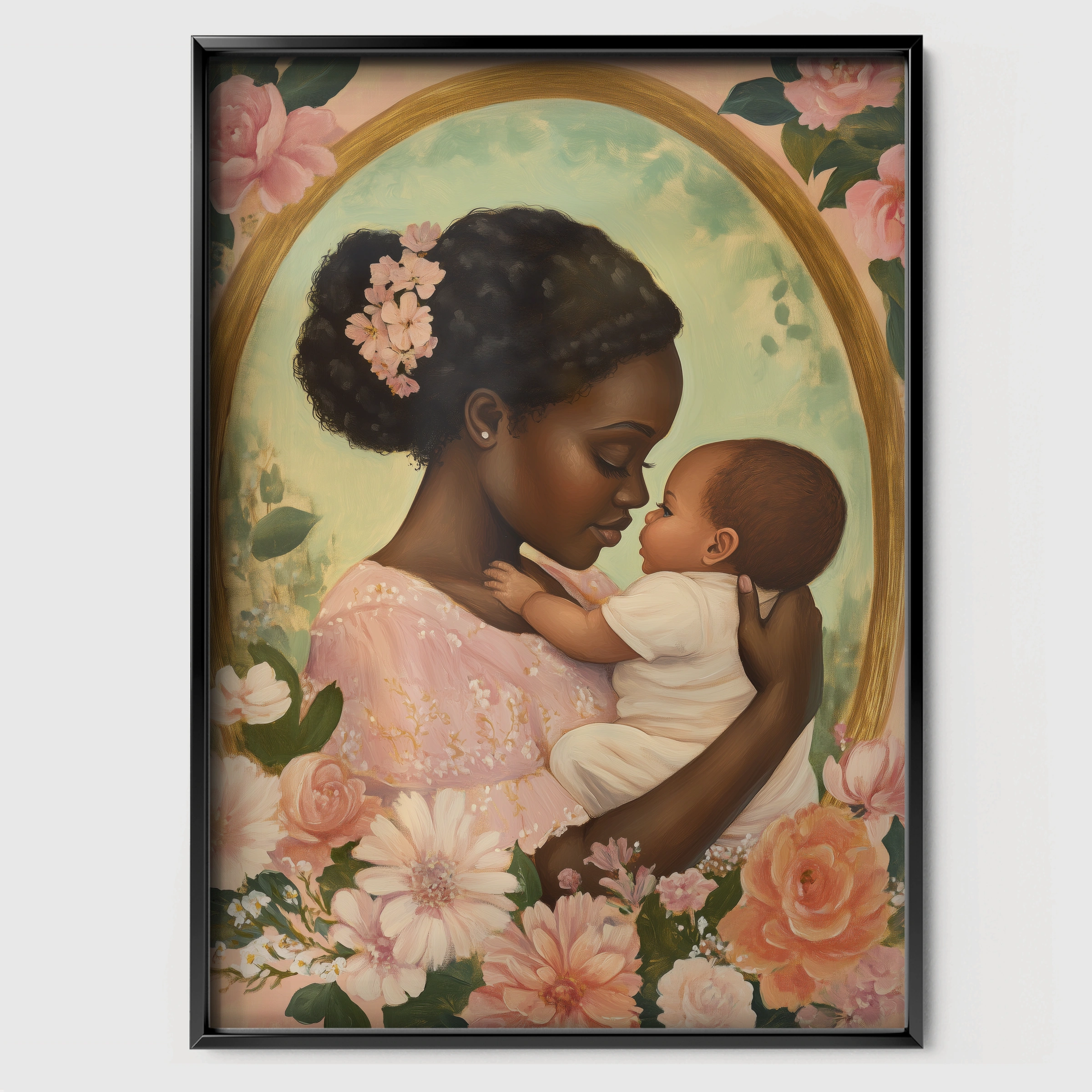 Mother and Baby Roses Nursery Print - black framed nursery wall art print