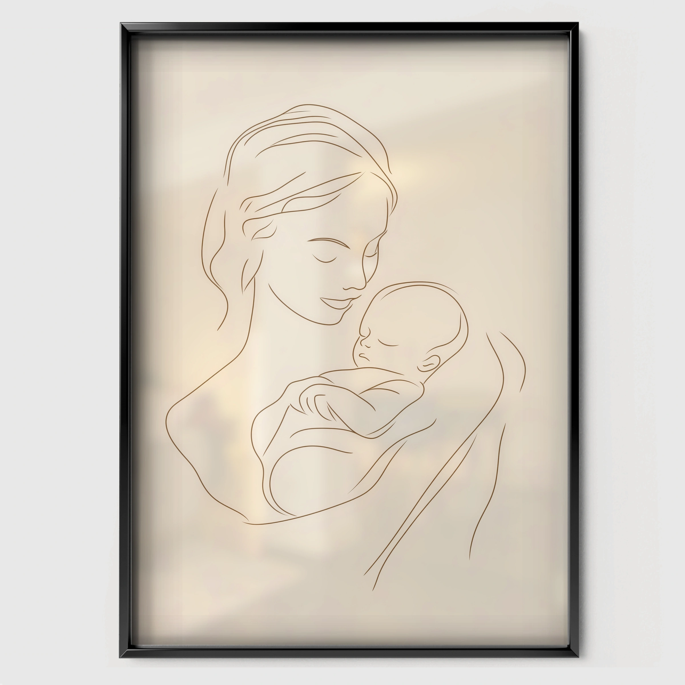 Mother and Newborn Line Art Nursery Print - black framed nursery wall art print