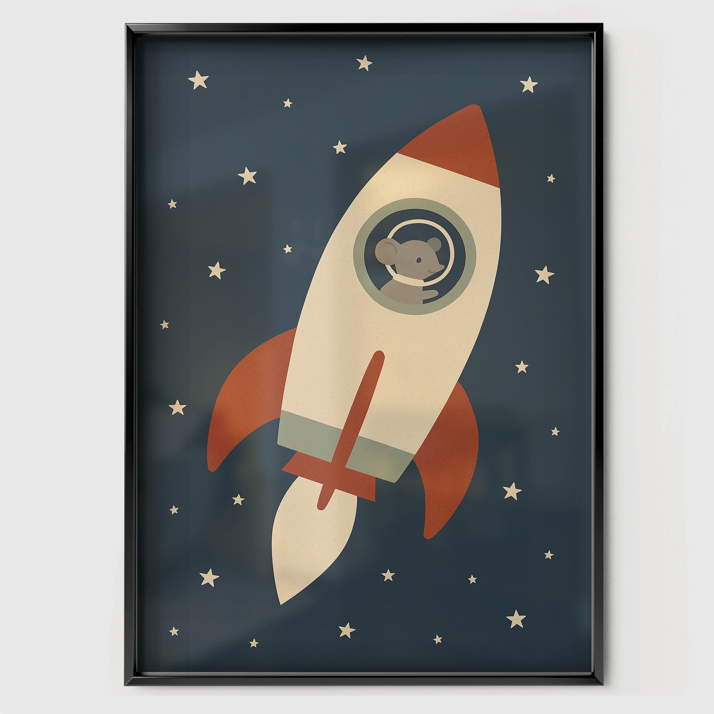 Mouse in a Rocket Nursery Print - black framed nursery wall art print