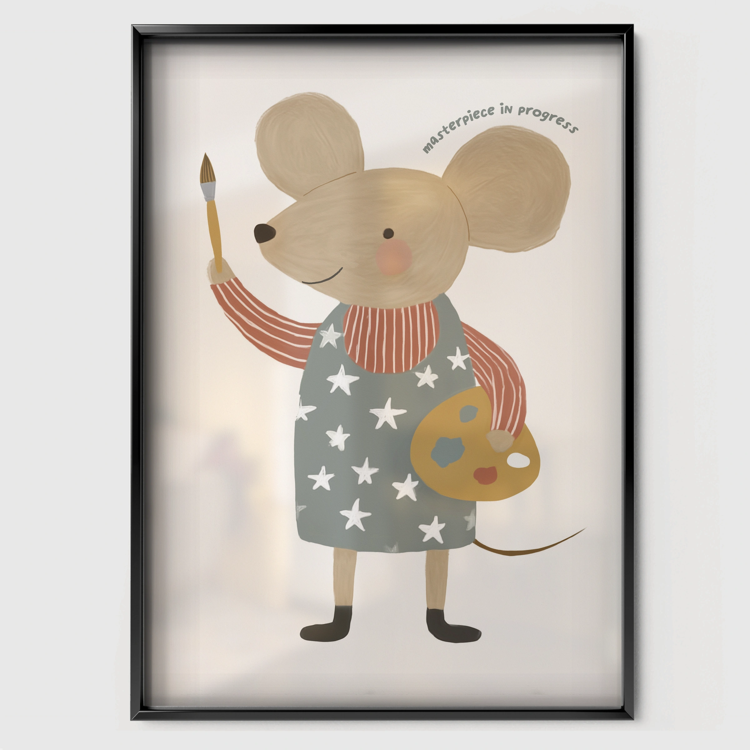 Mouse in Blue Nursery Print - black framed nursery wall art print