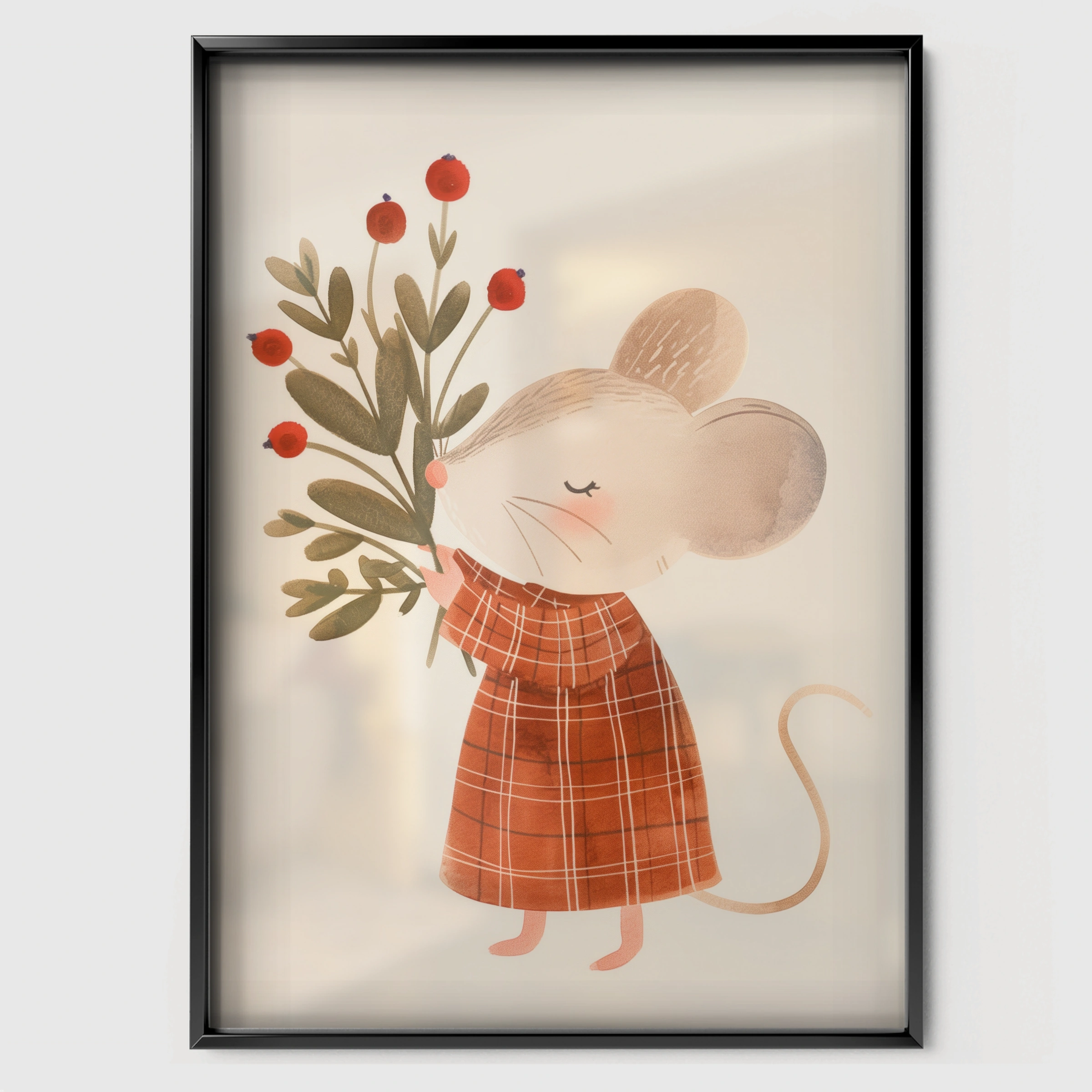 Mouse with Berries Nursery Print - black framed nursery wall art print