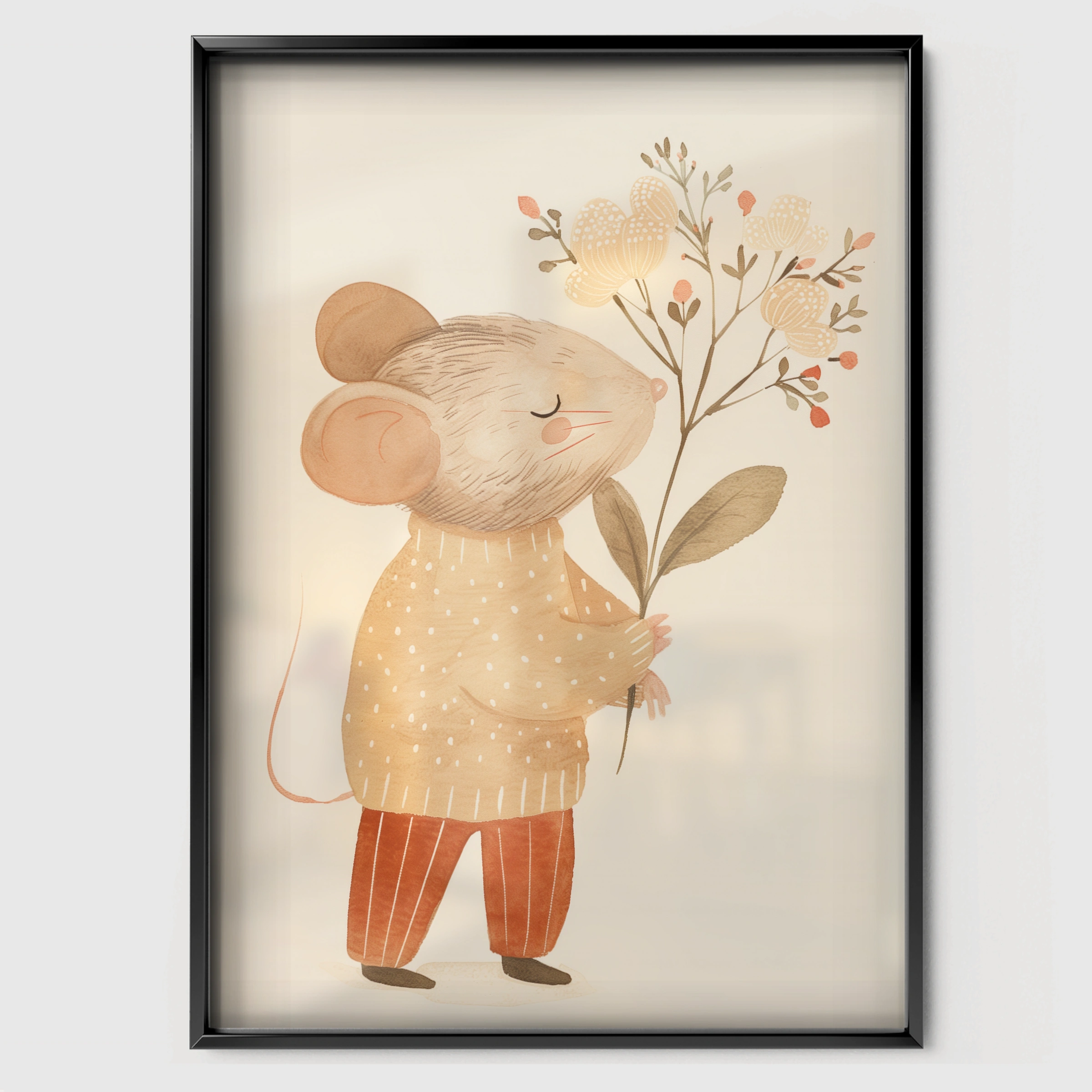 Mouse with Flowers Nursery Print - black framed nursery wall art print