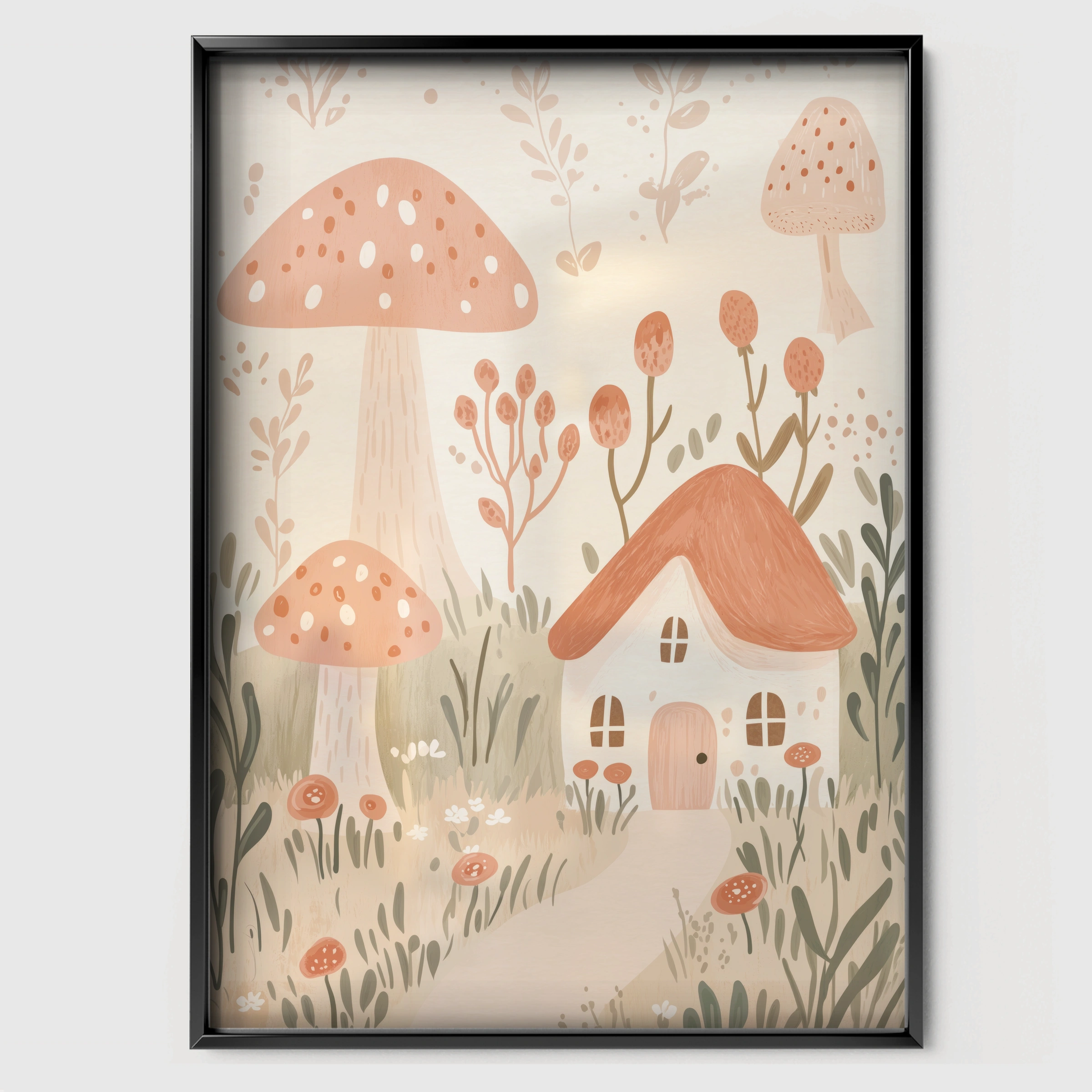 Mushroom Cottage Nursery Print - black framed nursery wall art print