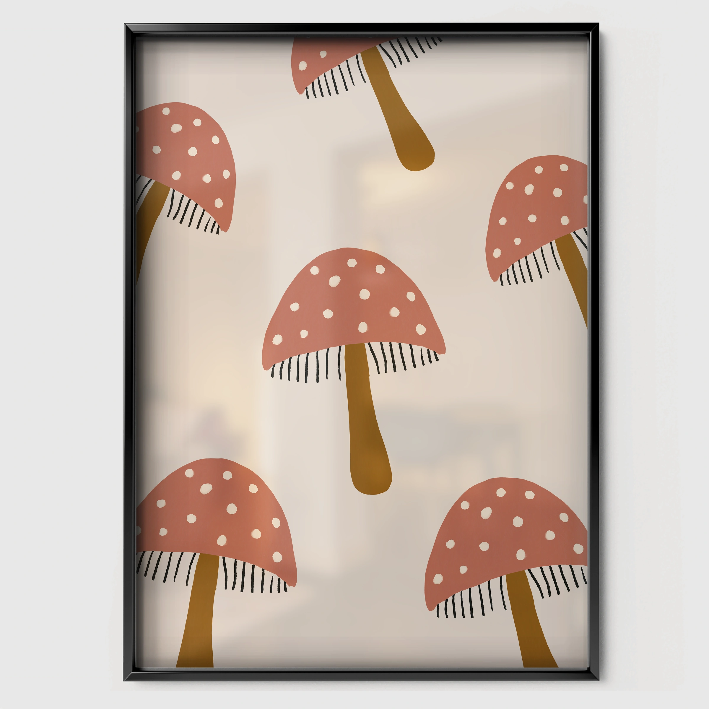 Mushroom Pattern Nursery Print - black framed nursery wall art print