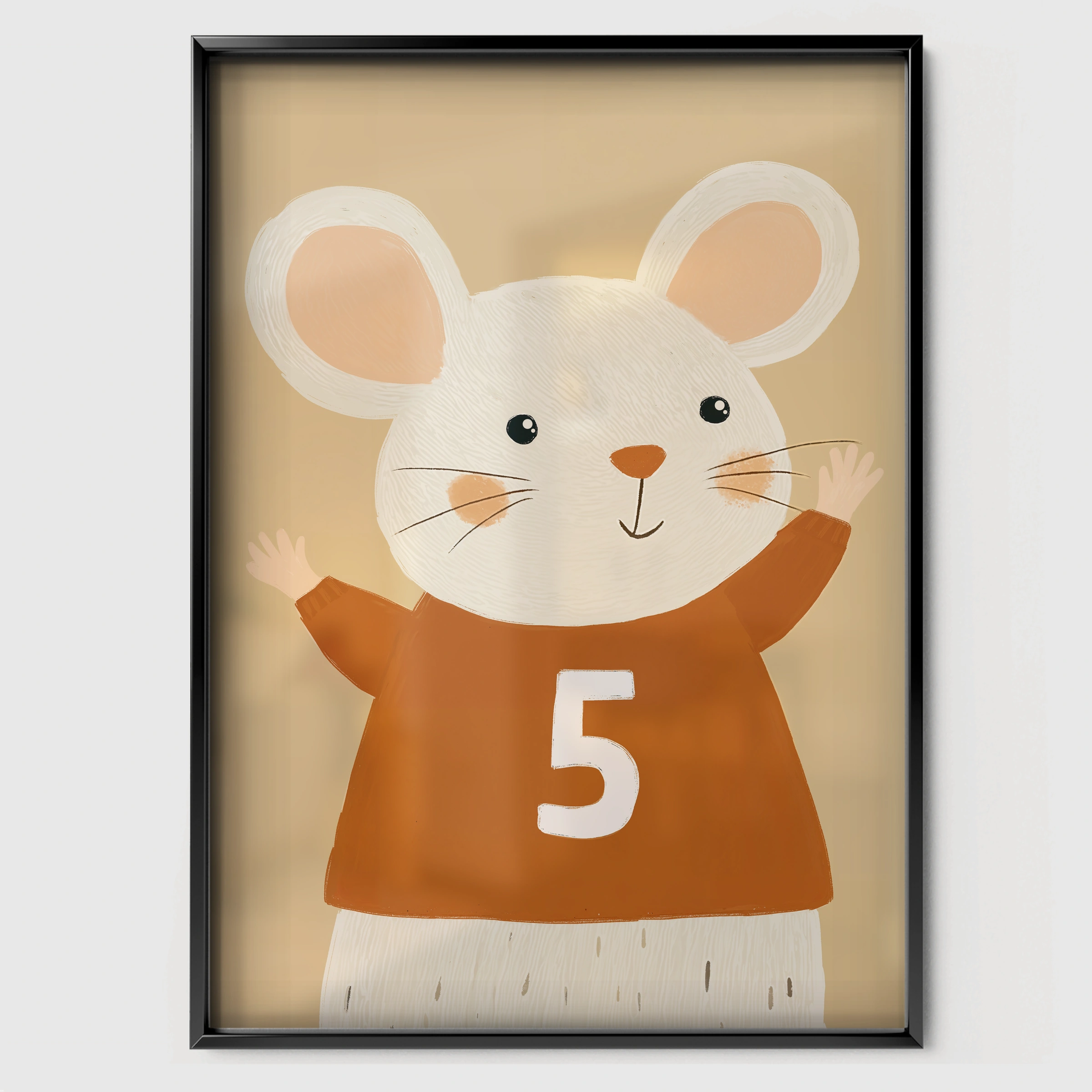 Number Five Mouse Nursery Print - black framed nursery wall art print
