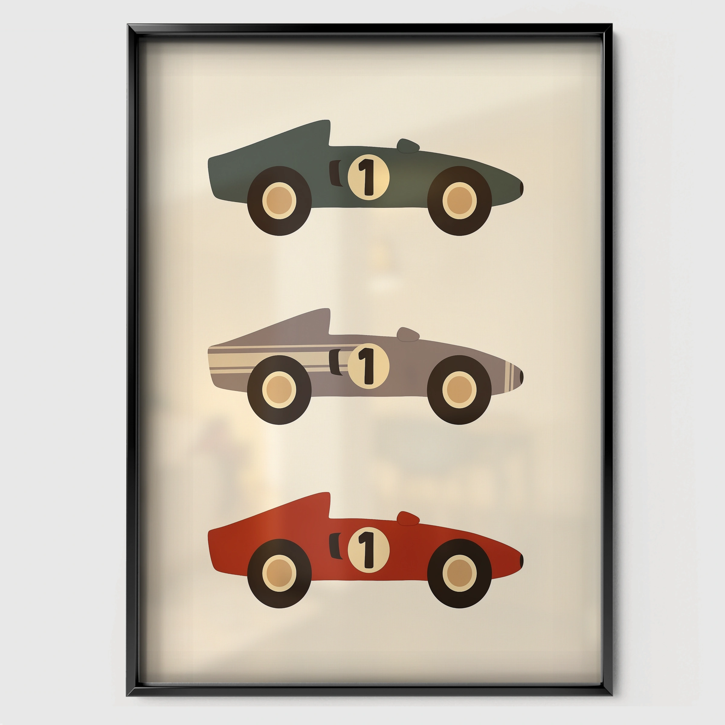 Number One Race Cars Nursery Print - black framed nursery wall art print