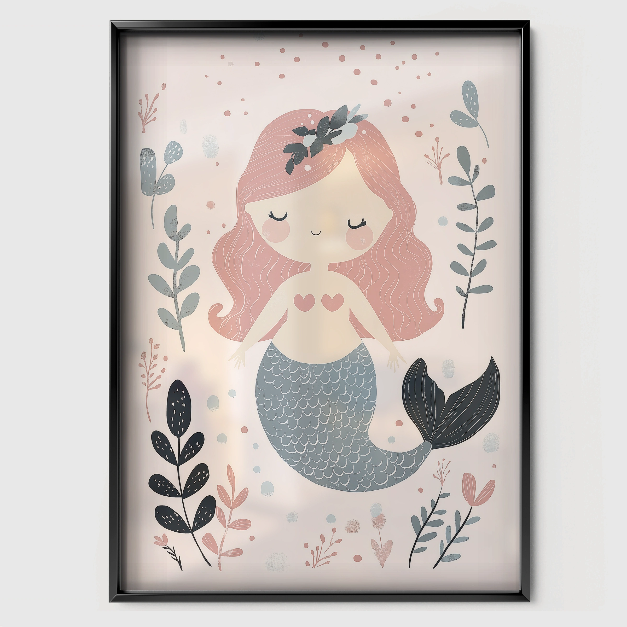Ocean Mermaid Nursery Print - black framed nursery wall art print