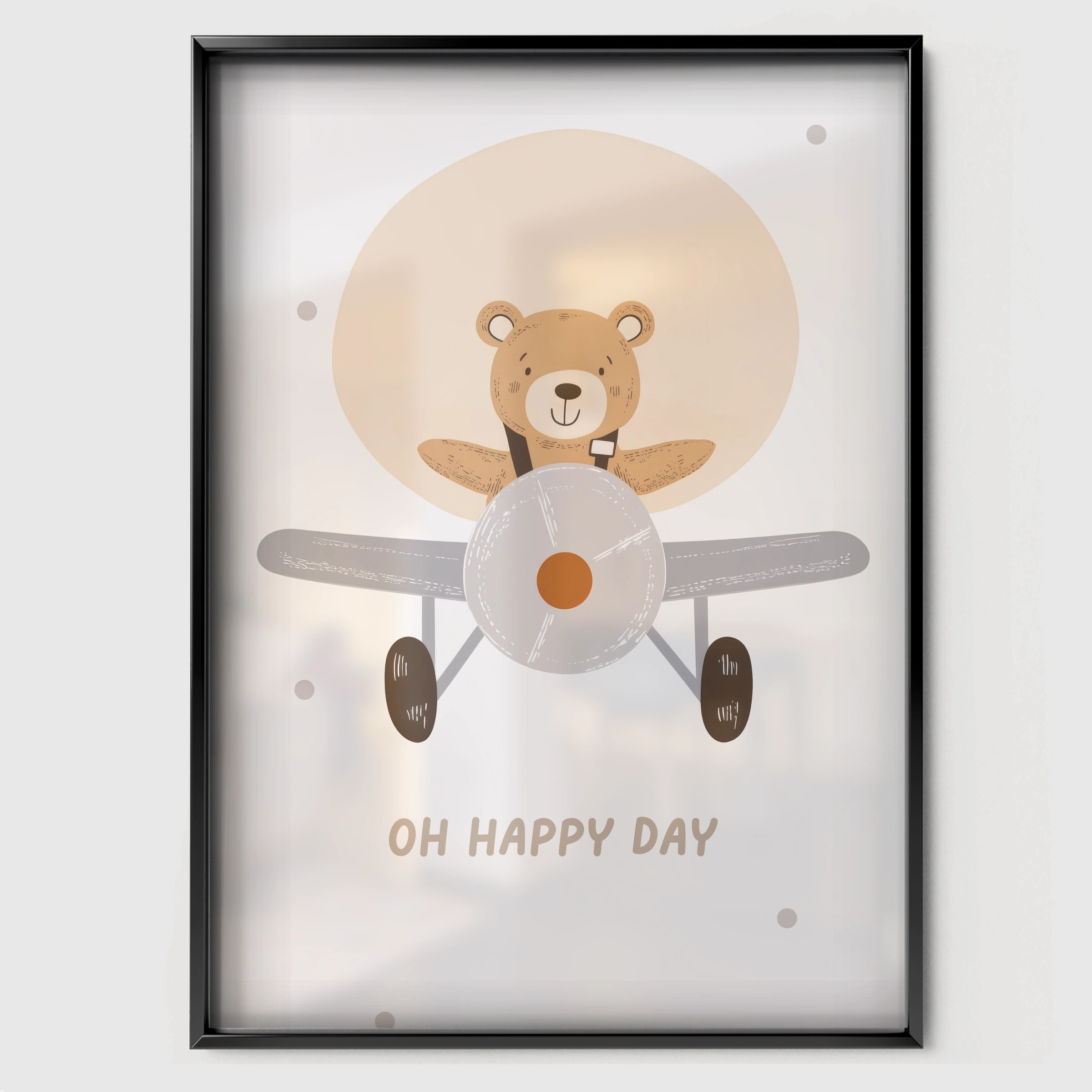 Oh Happy Day Aviator Bear Nursery Print - black framed nursery wall art print